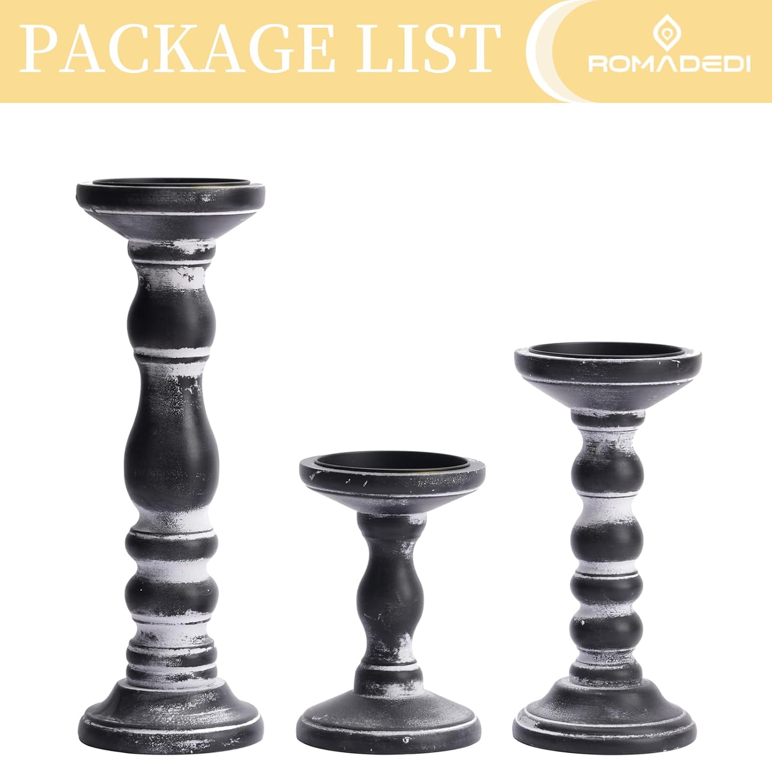 Romadedi Black and Gray Distressed Wood Pillar Candle Holders, Set of 3 | Rustic Farmhouse Wood Candle Set for Mantel