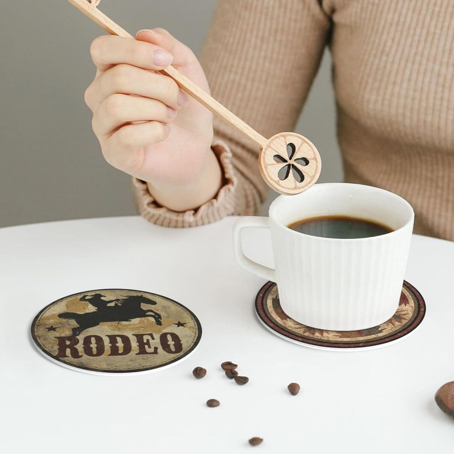 Holder Round Leather Coasters Cups Mugs Mat Pad / Western / Set of 6