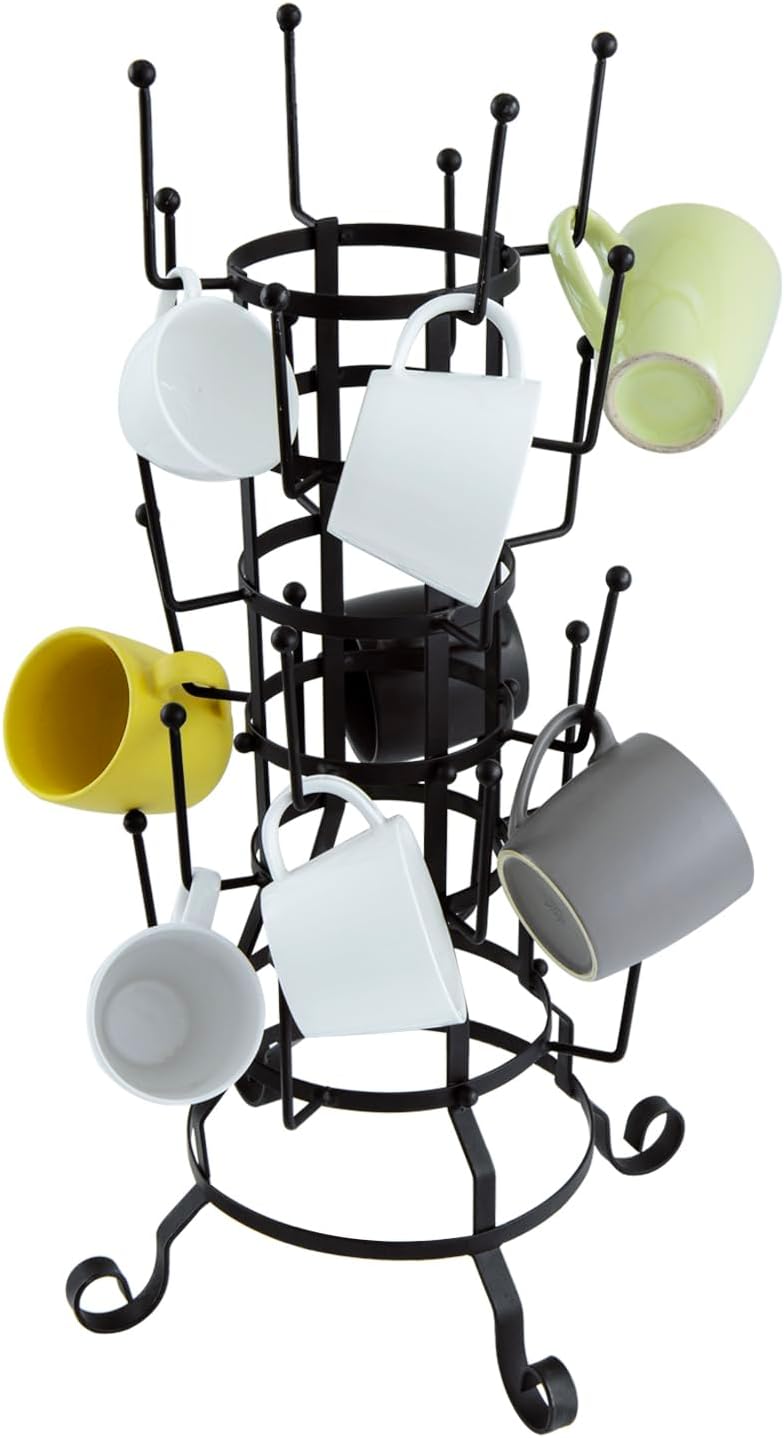 MyGift 24 Hook Rustic Mug Tree Holder for Coffee Cups & Glasses Rack | 24-hook black iron mug holder displays coffee