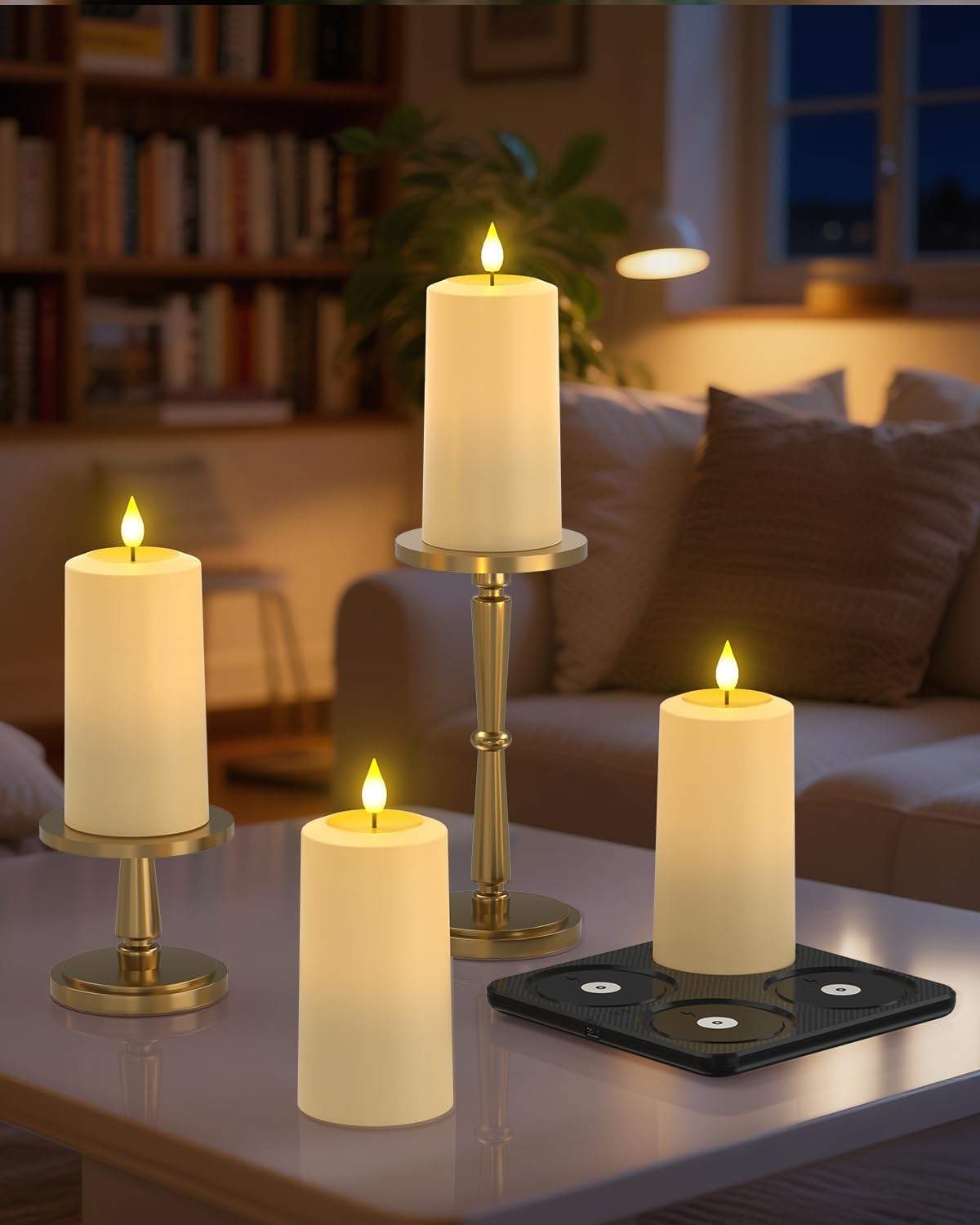 SoulBay Waterproof Rechargeable Flameless LED Pillar Candles, 4 Pack | Magnetic Charging Base, IP54 Waterproof, Remote