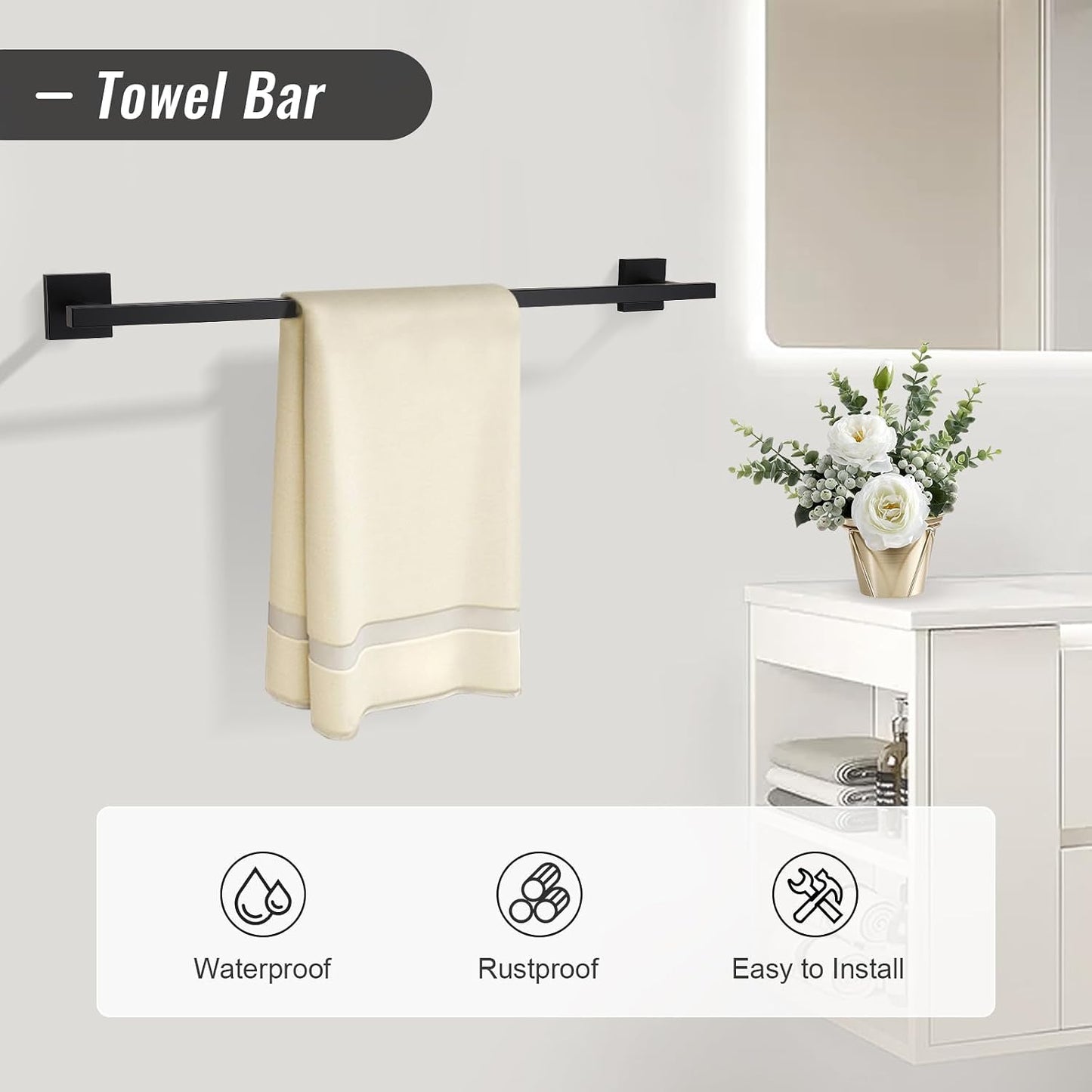 YACVCL Matte Black Towel Bar Set 10-Piece Bathroom Hardware Accessories Set,Black Bathroom Towel Holder Set 23.6 Inch