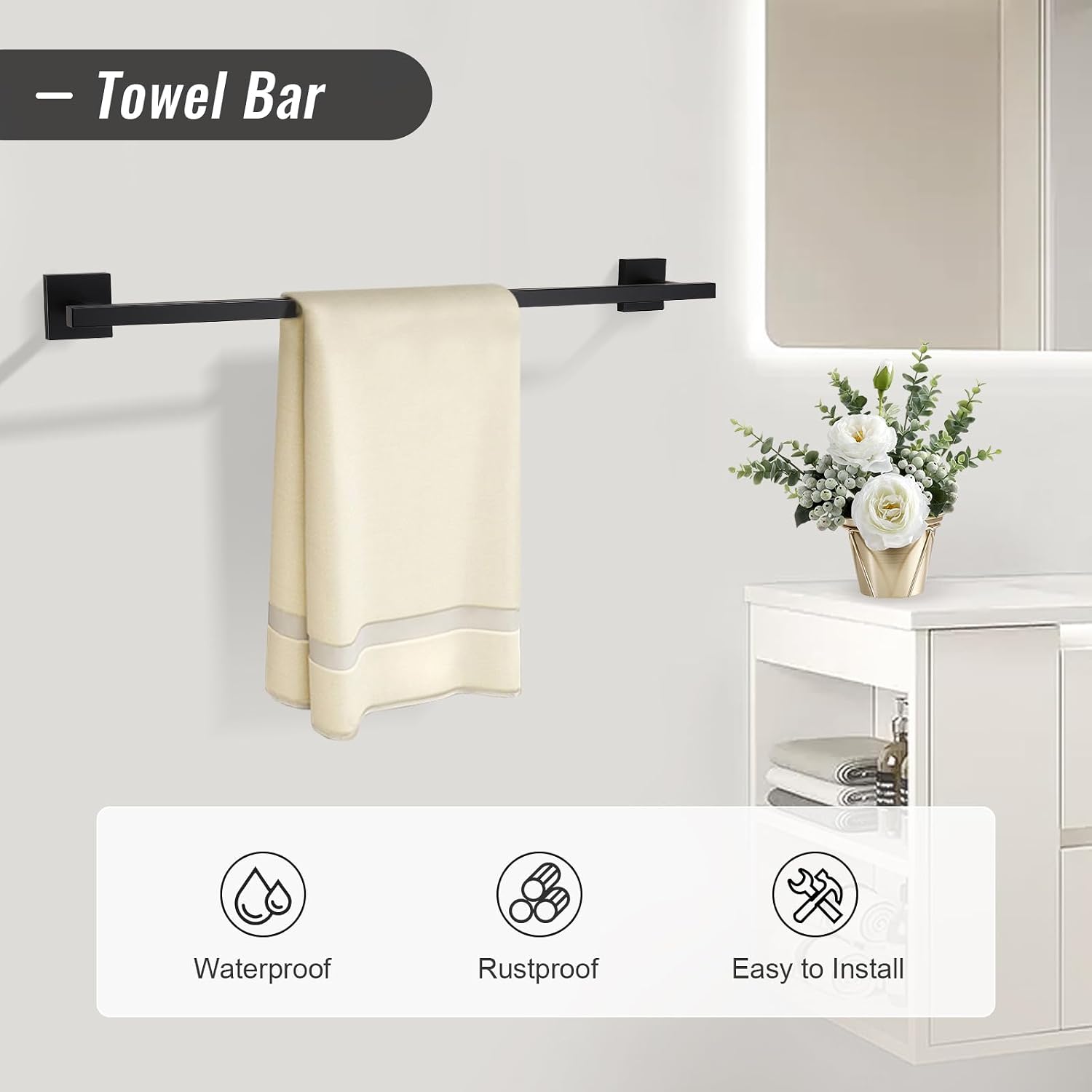 YACVCL Matte Black Towel Bar Set 10-Piece Bathroom Hardware Accessories Set,Black Bathroom Towel Holder Set 23.6 Inch