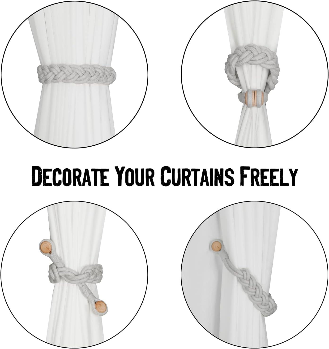 BEL AVENIR Curtain Tiebacks Magnetic 4 Pack Woven Drapery Holdback | Handmade Curtain Ties, No Drill, for Outdoor