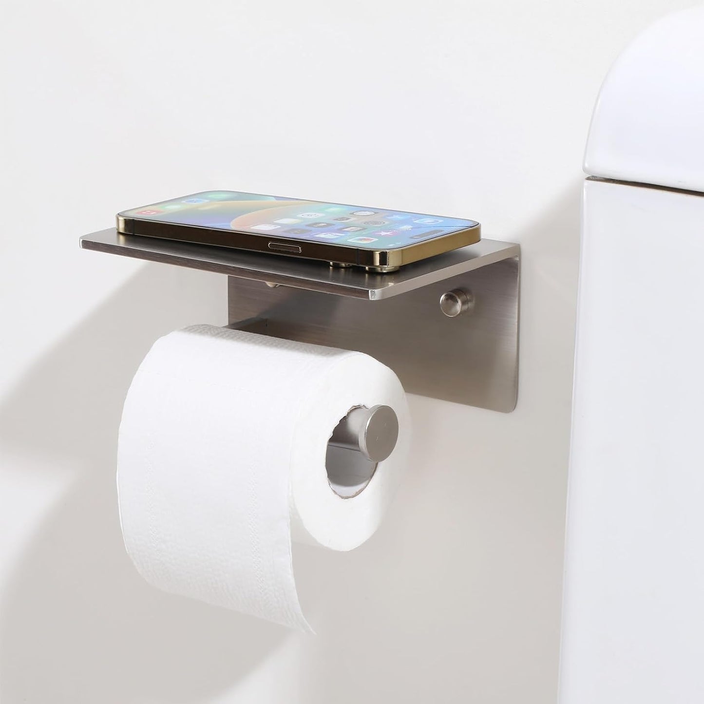 Toilet Paper Holder with Shelf, Adhesive or Screw Wall Mount Toilet Roll Holder for Bathroom, Rustproof Solid Aluminum