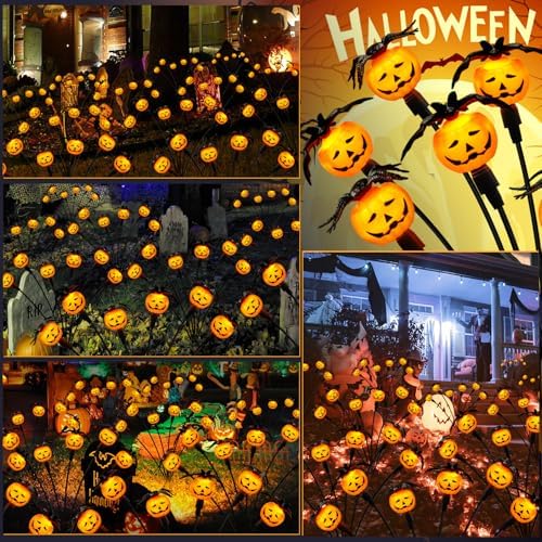 Weepong Halloween Decorations Outdoor 4 Pack Solar Lights, 24 LED Scary Pumpkin Swaying Firefly Lights with Spider & Bats for Outside Garden Yard Lawn Grave Cemetery Ghost Decor Party, Orange