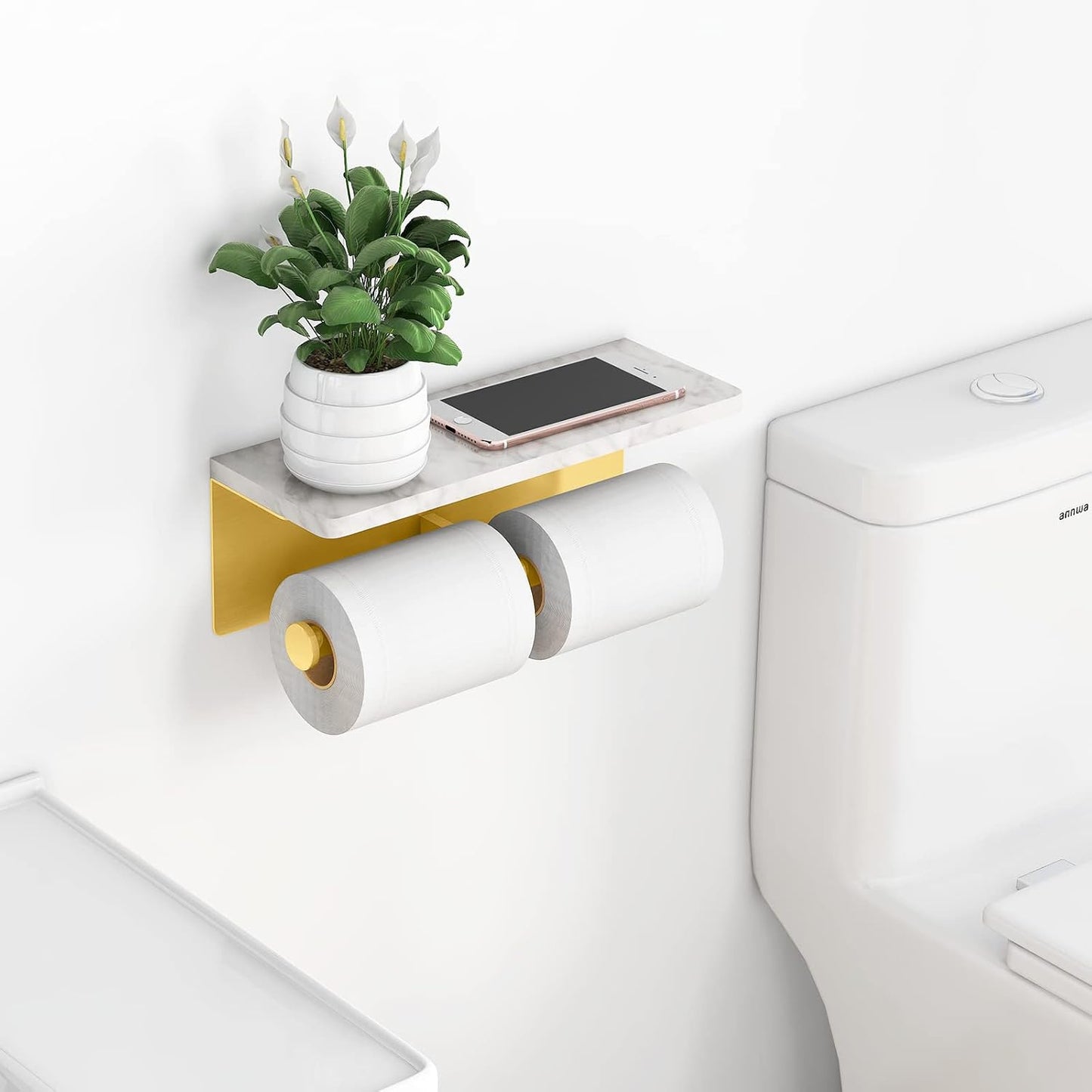 Gypie Brushed Gold Toilet Paper Holder with Marble Shelf, Double Rolls | Toilet Paper Holder with Storage, Toilet Paper