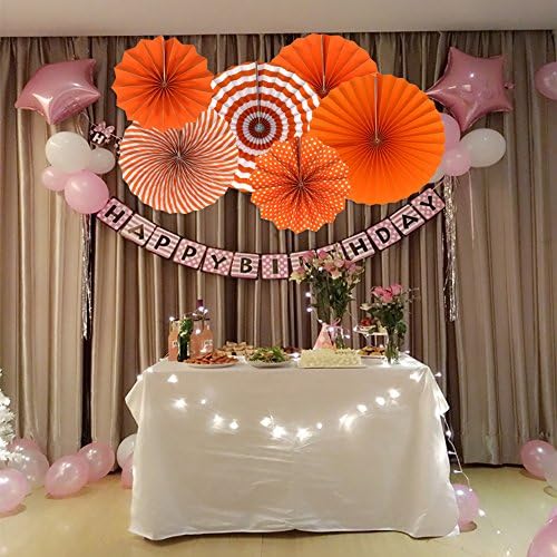 6-Pack Orange Party Decorations, Hanging Paper Fans Wall Decor