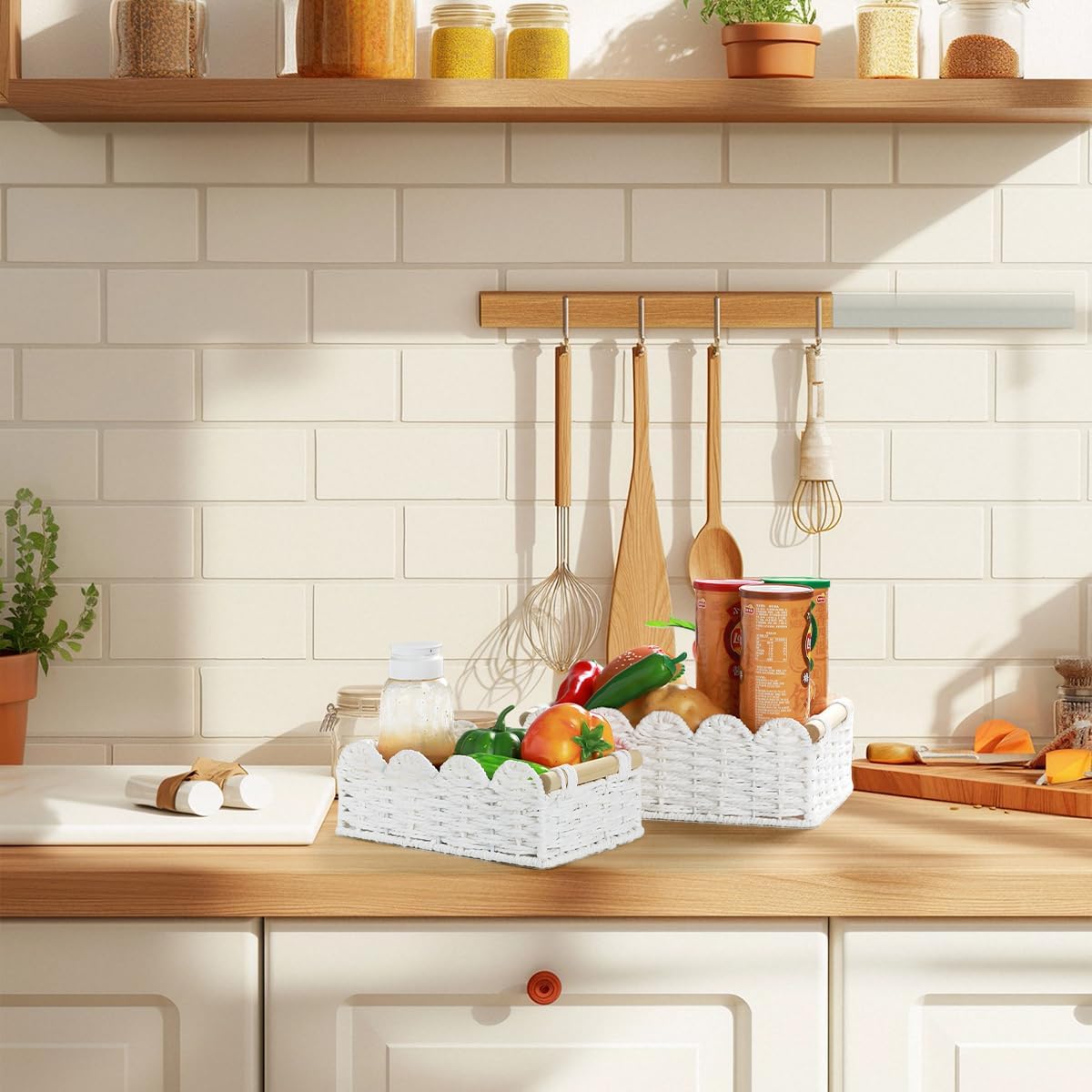 Wooden Handles Hand-Woven Organizer Bin / White-b / Set of 2