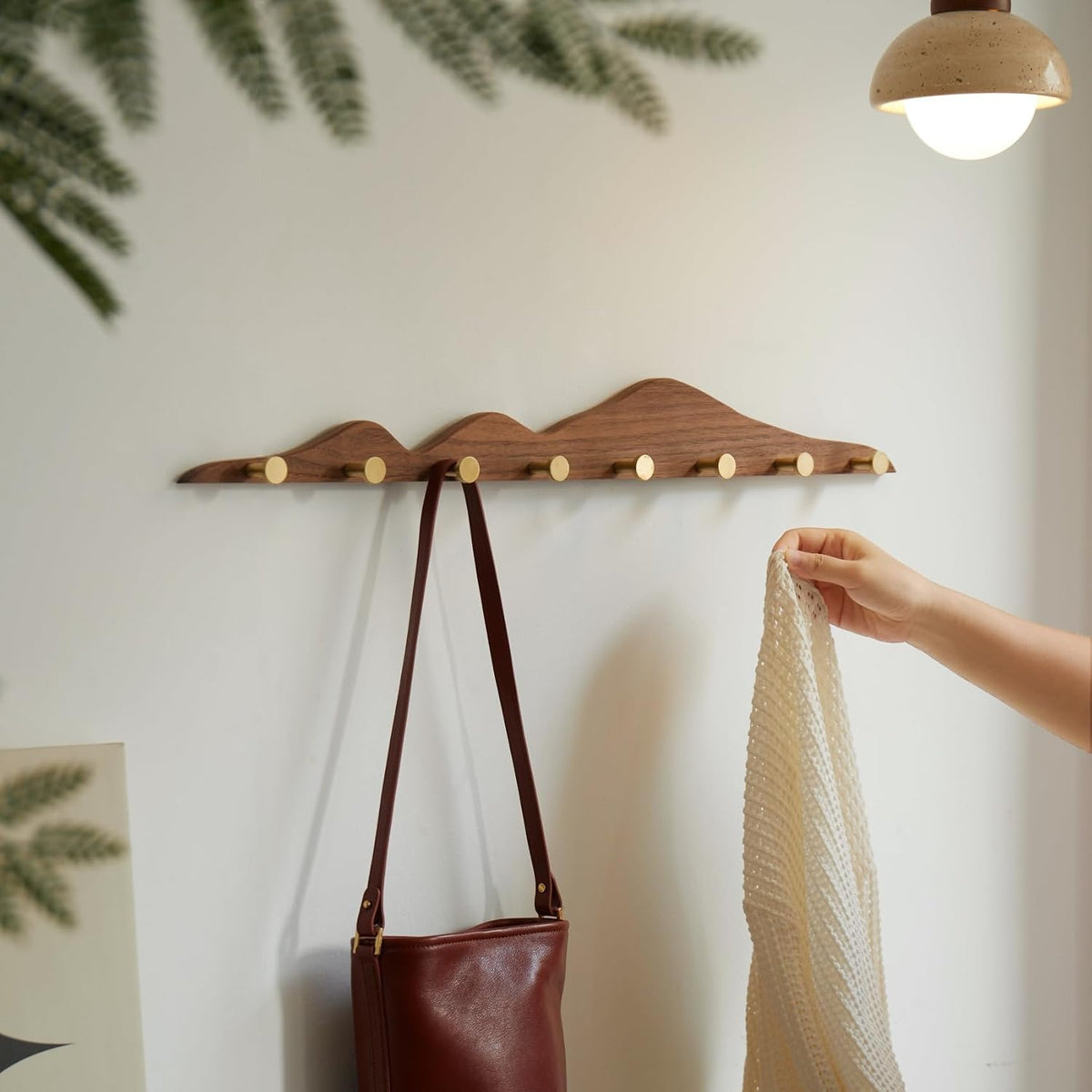 Wall Coat Rack, Walnut Wood, 8 Hooks | Elegant, Solid Coat Hanger Wall Mount, Brass Hooks, Moisture-Resistant Wax Oil