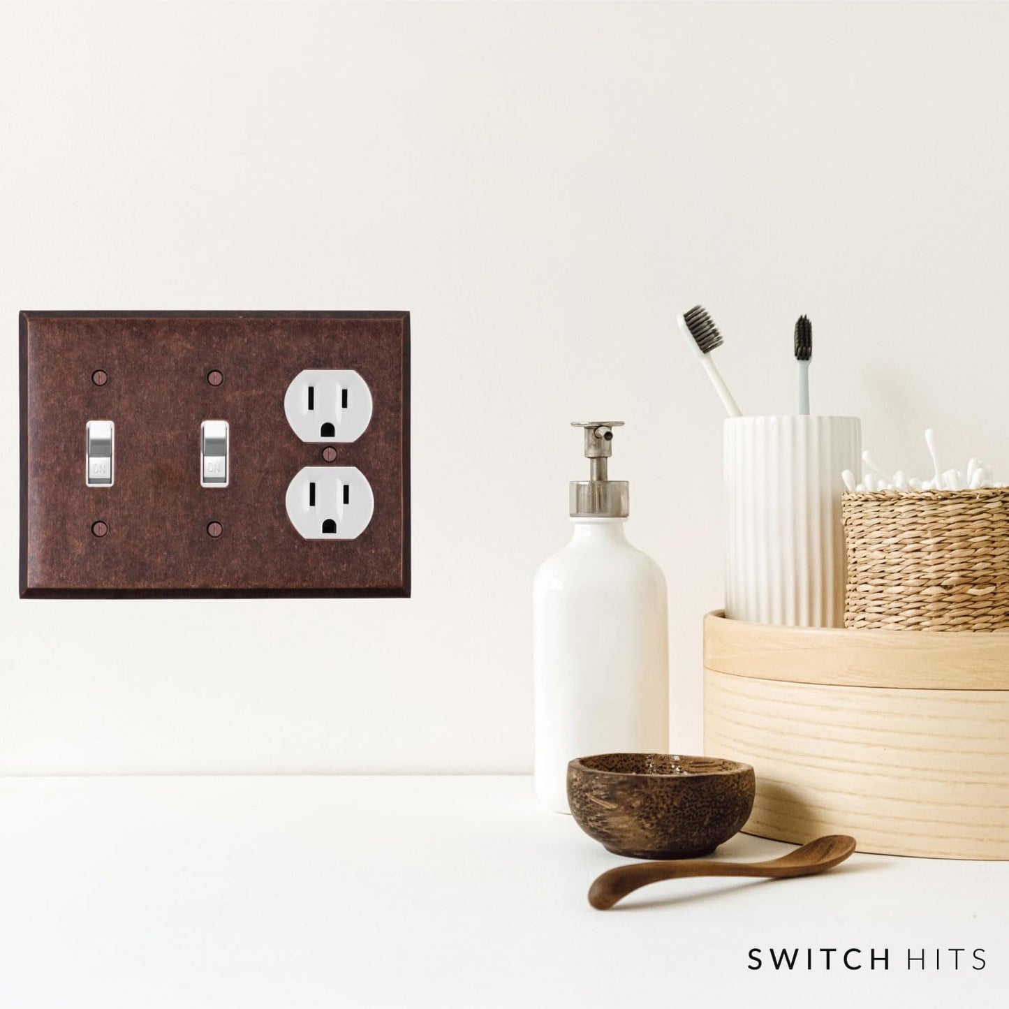 Mottled Antique Copper Outlet Wall Plate | 2 Toggle - 1 Duplex | 6.25" x 4.5" | Hand-Polished Brass Construction