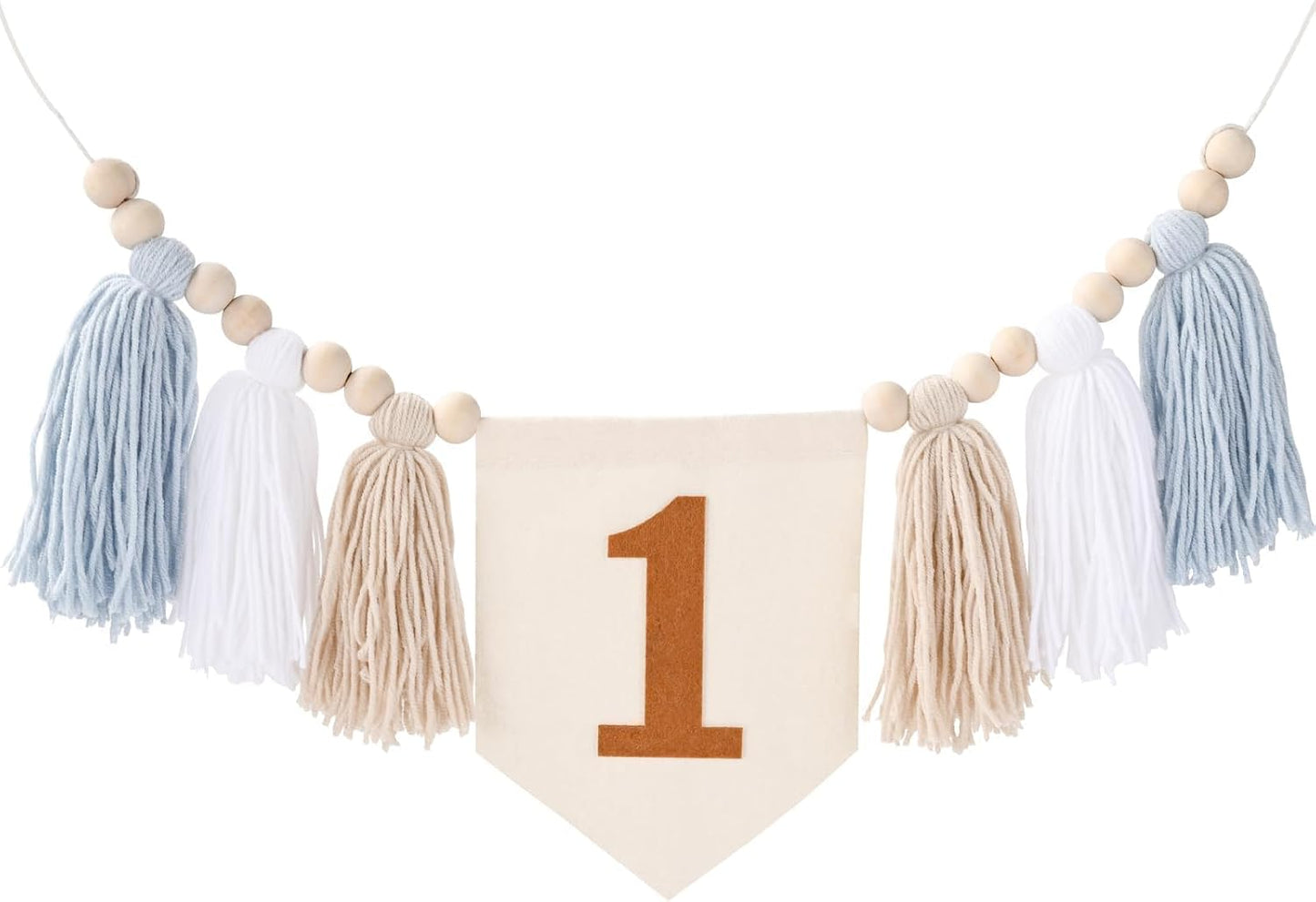 One Blue Boho Wood Bead Tassel Garland Highchair Decor Wall Hanging / Brown and Blue