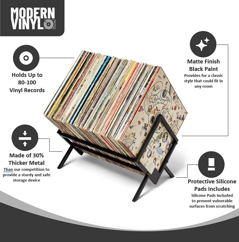 MODERN VINYL Record Storage Racks - Easy Assembly Vinyl Record Holder Stand 100 Lps | Sleek Matte Black LP Holder Stand