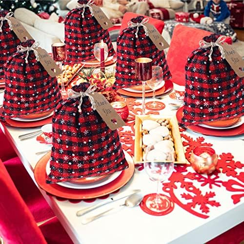 Shappy 24 Pcs Christmas Drawstring Gift Bags Xmas Buffalo Plaid Burlap Advent Bags 10 x 8 Inches Linen Treat Candy Bag with 32.8 ft Rope 24 Card(Black Red Snowflake)