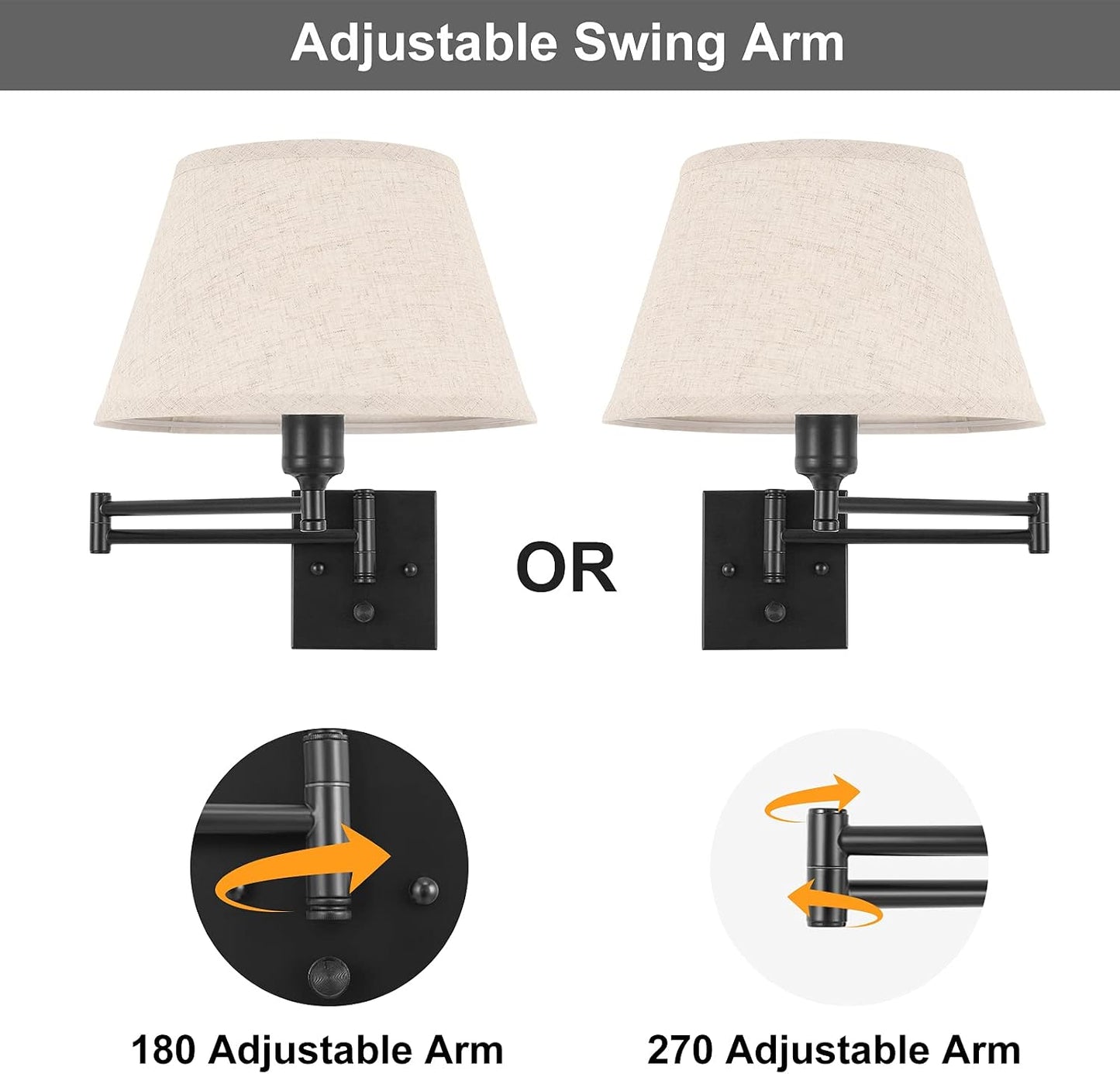 TRLIFE Dimmable Wall Sconce Plug in, Wall Sconces Set of Two Swing Arm Wall Lights with Plug in Cord and On/Off Dimmer