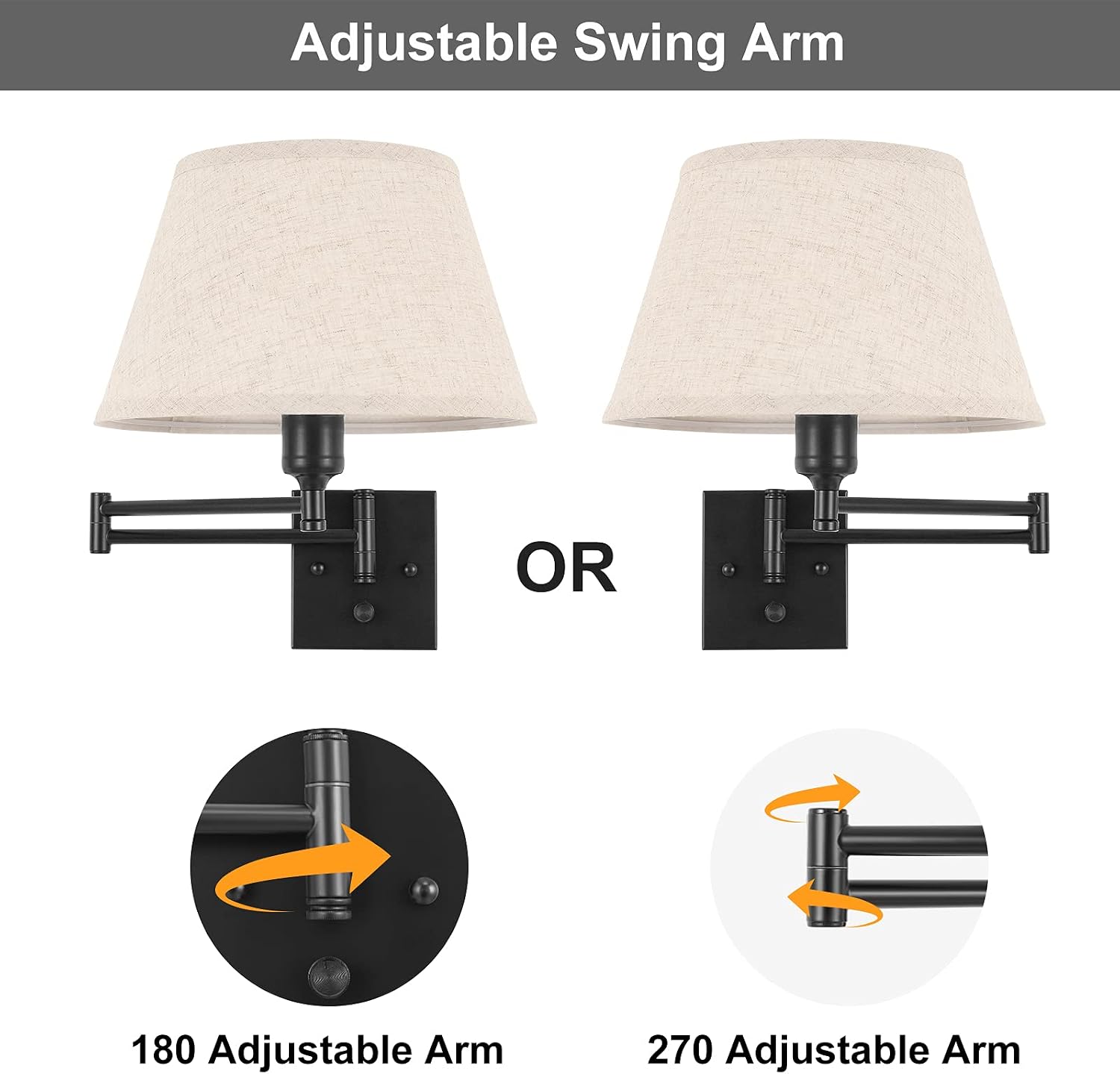 TRLIFE Dimmable Wall Sconce Plug in, Wall Sconces Set of Two Swing Arm Wall Lights with Plug in Cord and On/Off Dimmer