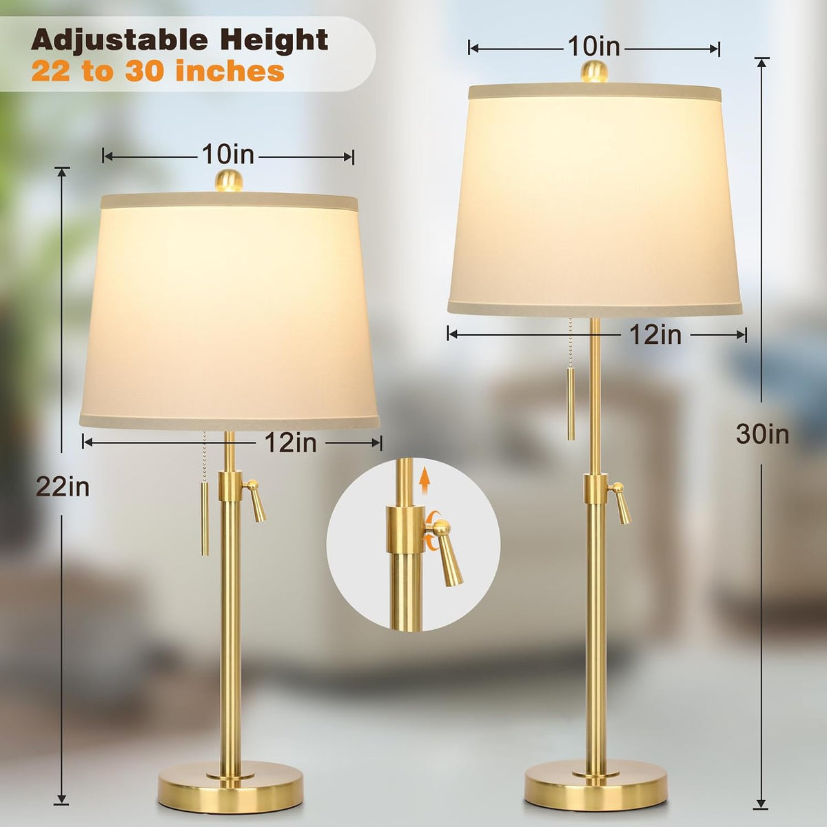 Modern Gold table Lamp 22" to 30"Adjustable Height 3 Brightness Way Brass Nightstand with White Linen Shade Pull Chain