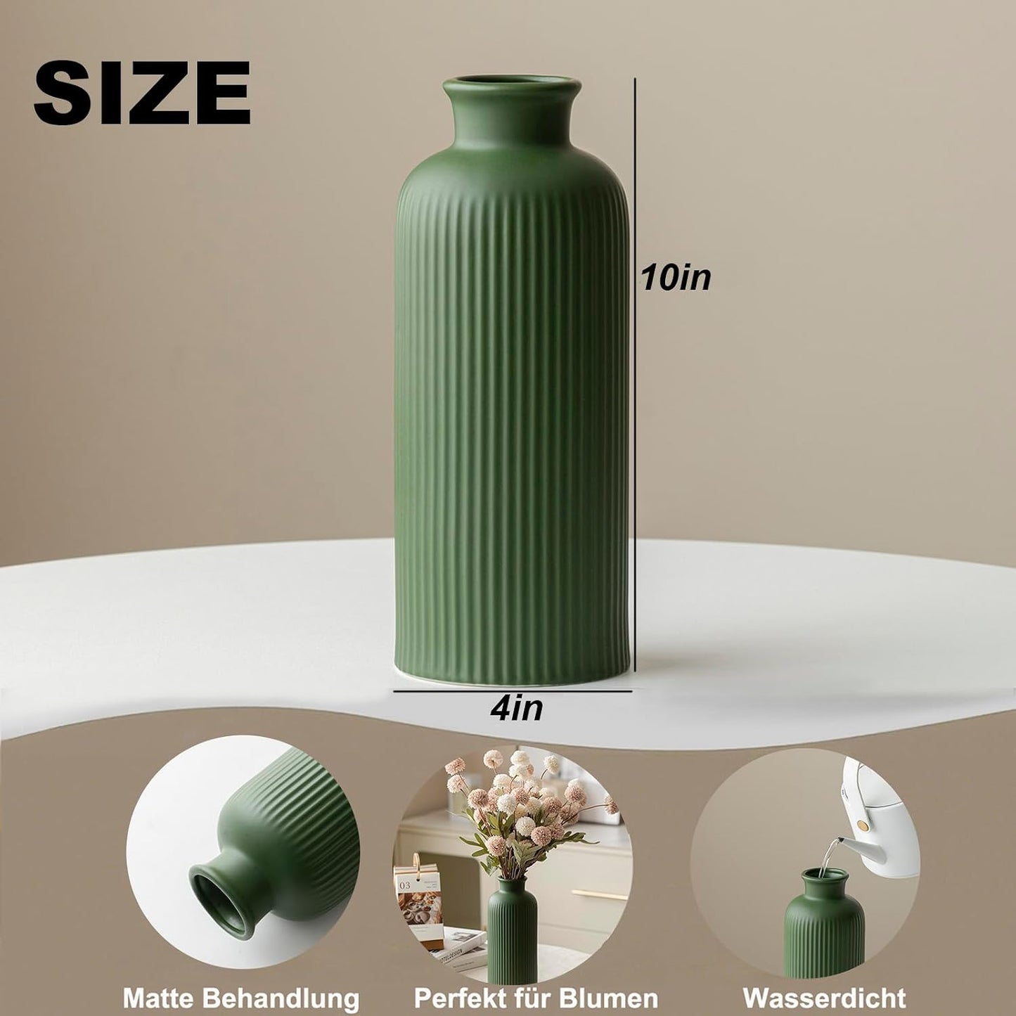 Ribbed Ceramic Vase for Flowers / Green / 10 Inch