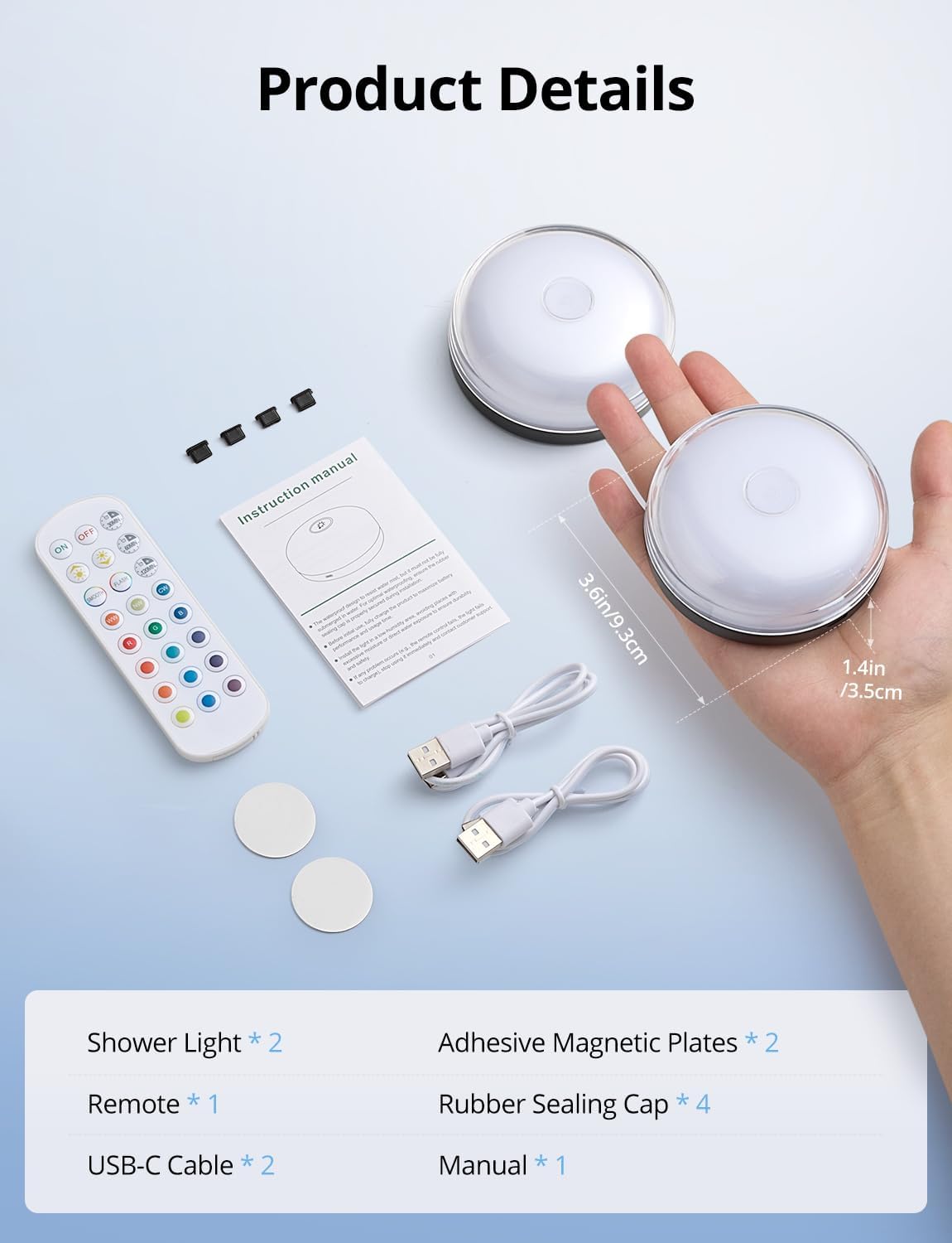Rechargeable RGB Ambient Shower Light Waterproof Inside, 15 Color Changing Mood Lighting for Bathroom Bathtub IP65