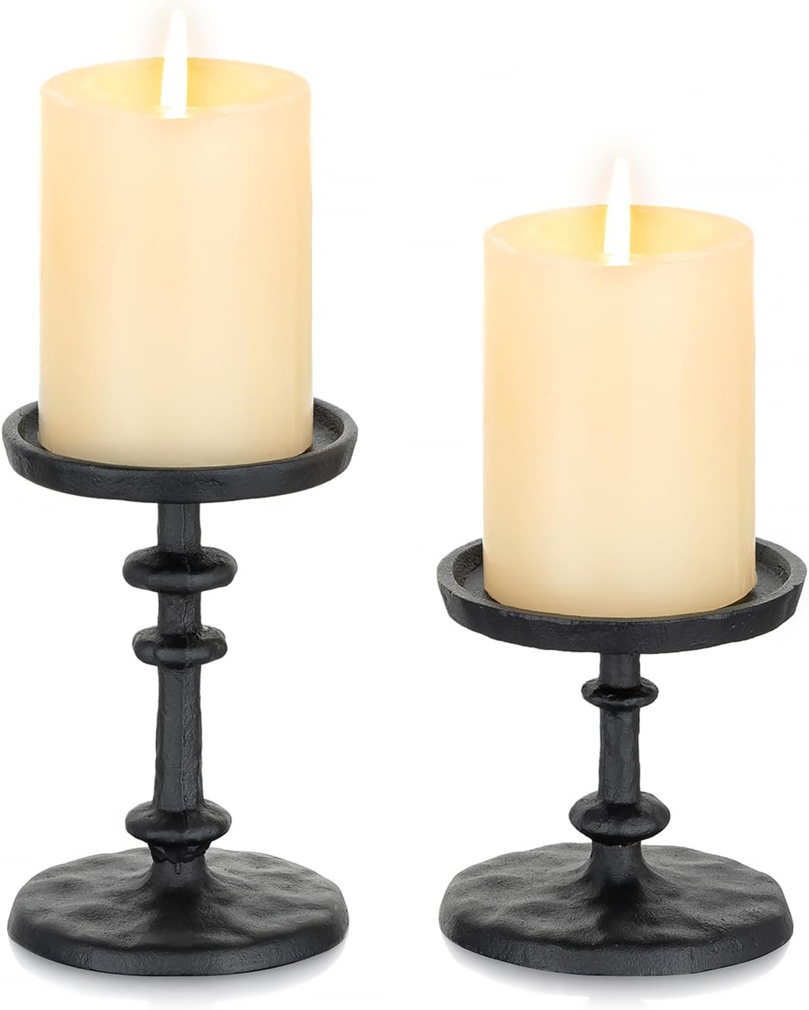 NUPTIO Pillar Candle Holder Black: Solid Cast Iron Candle Stand | Hammered Candleholder for 3 Inch Pillars Heavy