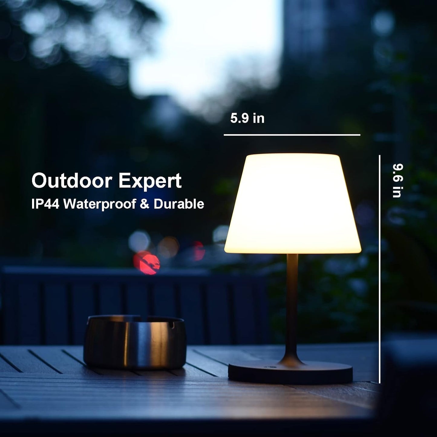 Rechargeable Outdoor Lamp, IP44 Waterproof Touch Dimmable LED Light | 4000mAh battery, 2700K warm light with PE shade