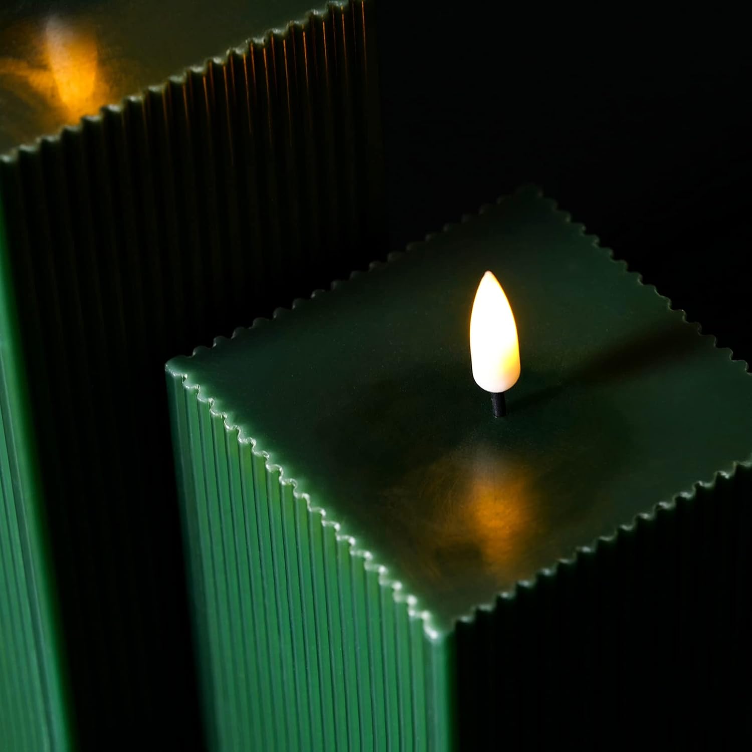 Dark Ribbed Flameless Candles / Green / Set of 2