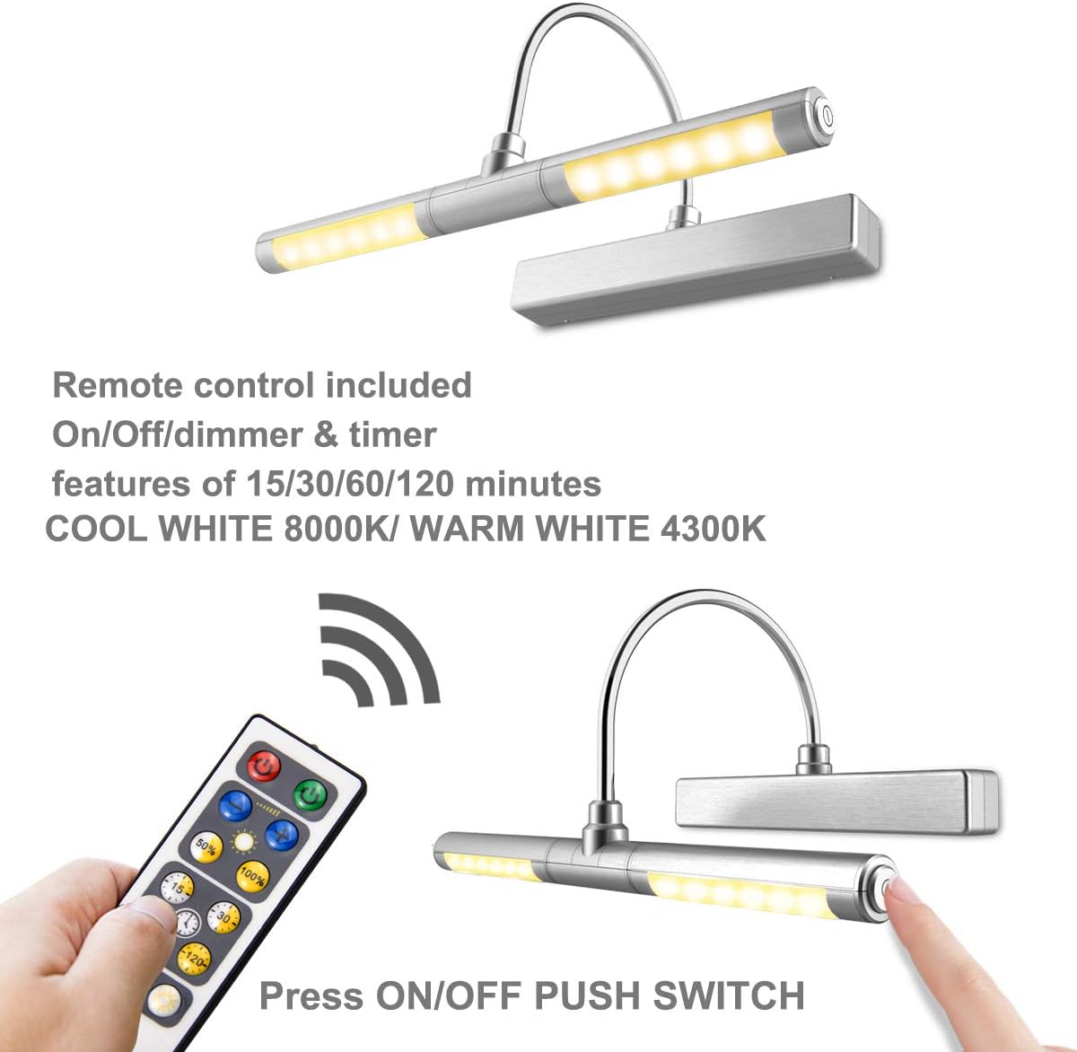 LUXSWAY Wireless Battery Operated Picture Light with Remote Control, Dimmable & Timer, 180° Adjustable Head for Wall