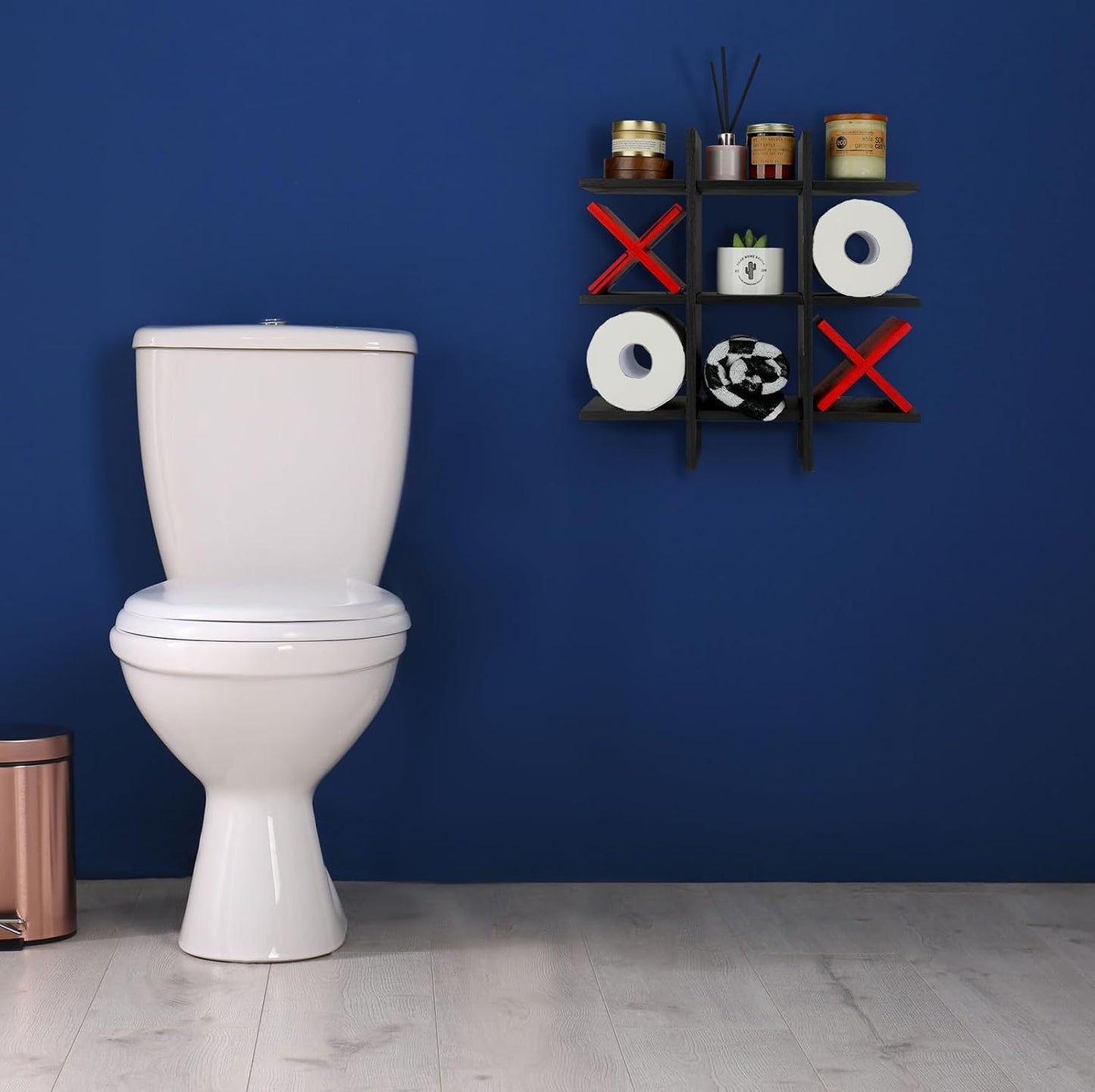 Weysat Tic Tac Toe Toilet Paper Holder,Black, Red | Farmhouse Bathroom Decor, Freestanding or Wall Mount Storage for