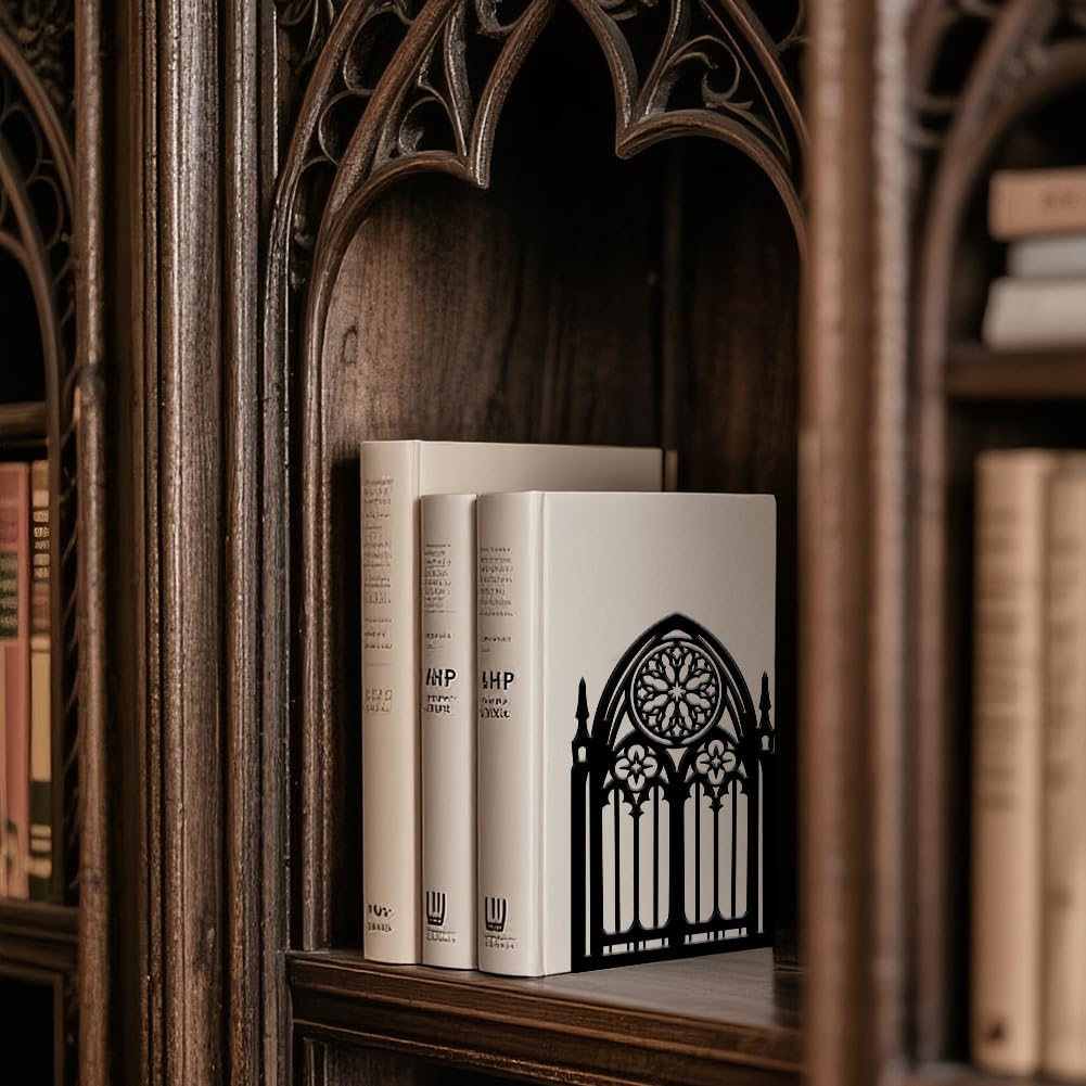 Metal Bookends Heavy Duty Book Shelf Holders Window Decorative Book Ends / Gothic / Black / Set of 2