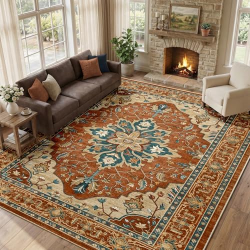 RELEANY Washable Area Rug, Large 10'x12', Red/Orange/Blue/Brown