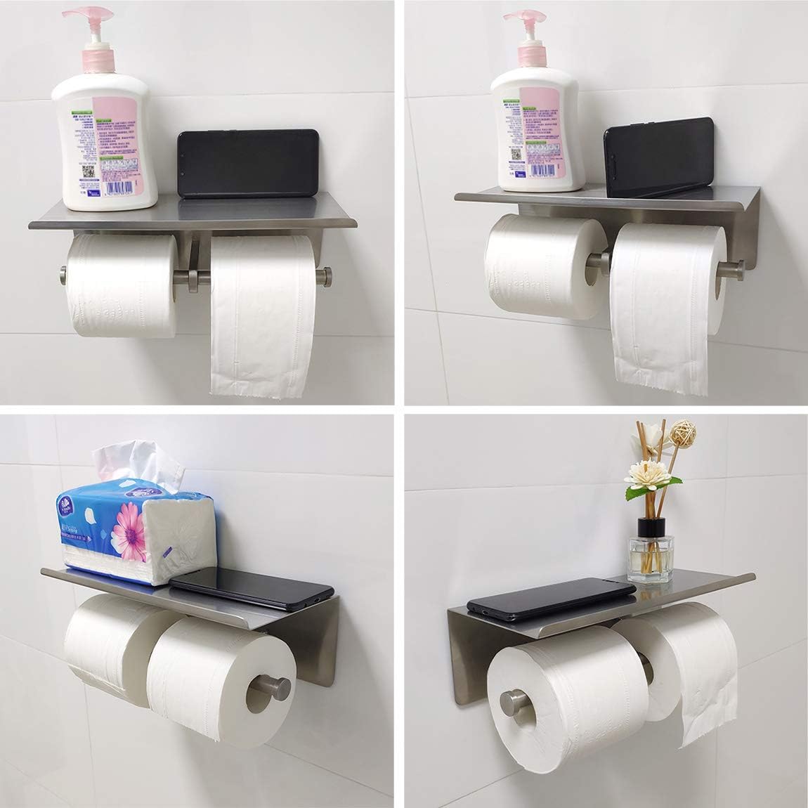 Large Double Toilet Paper Holder with Shelf, GZILA Dual Toilet Paper Rolls Holder Wall Mounted, Bathroom Mobile Phone