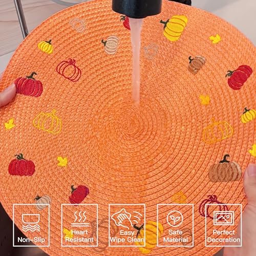 Feuille Fall Placemats Set of 4 PP Round Placemats for Dining Table Orange Pumpkins Placemats Perfect for Autumn Fall Thanksgiving Decorations