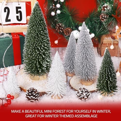 6pcs Mini Christmas Trees Christmas Decor, Artificial Christmas Mini Bottle Brush Trees Tabletop, Christmas Decoration Trees with 4 Size Xmas Holiday Decor (6pcs Green+Silver+White)