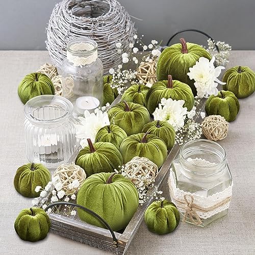 Woration 16pcs Green Velvet Faux Pumpkins for Wedding Party Table Decor