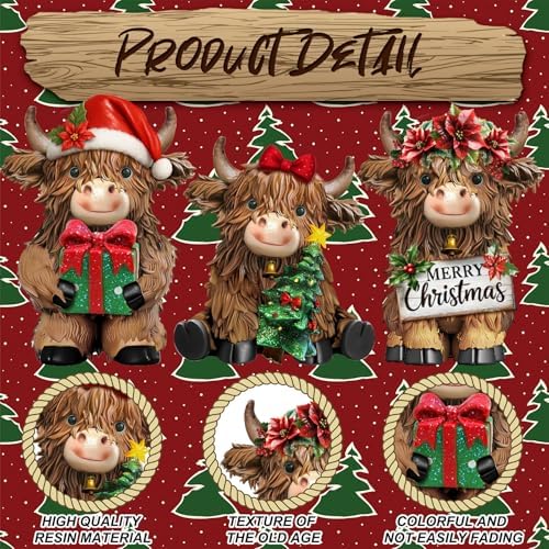 3 Pcs Christmas Highland Cow Figurine Decor, Resin Christmas Decor