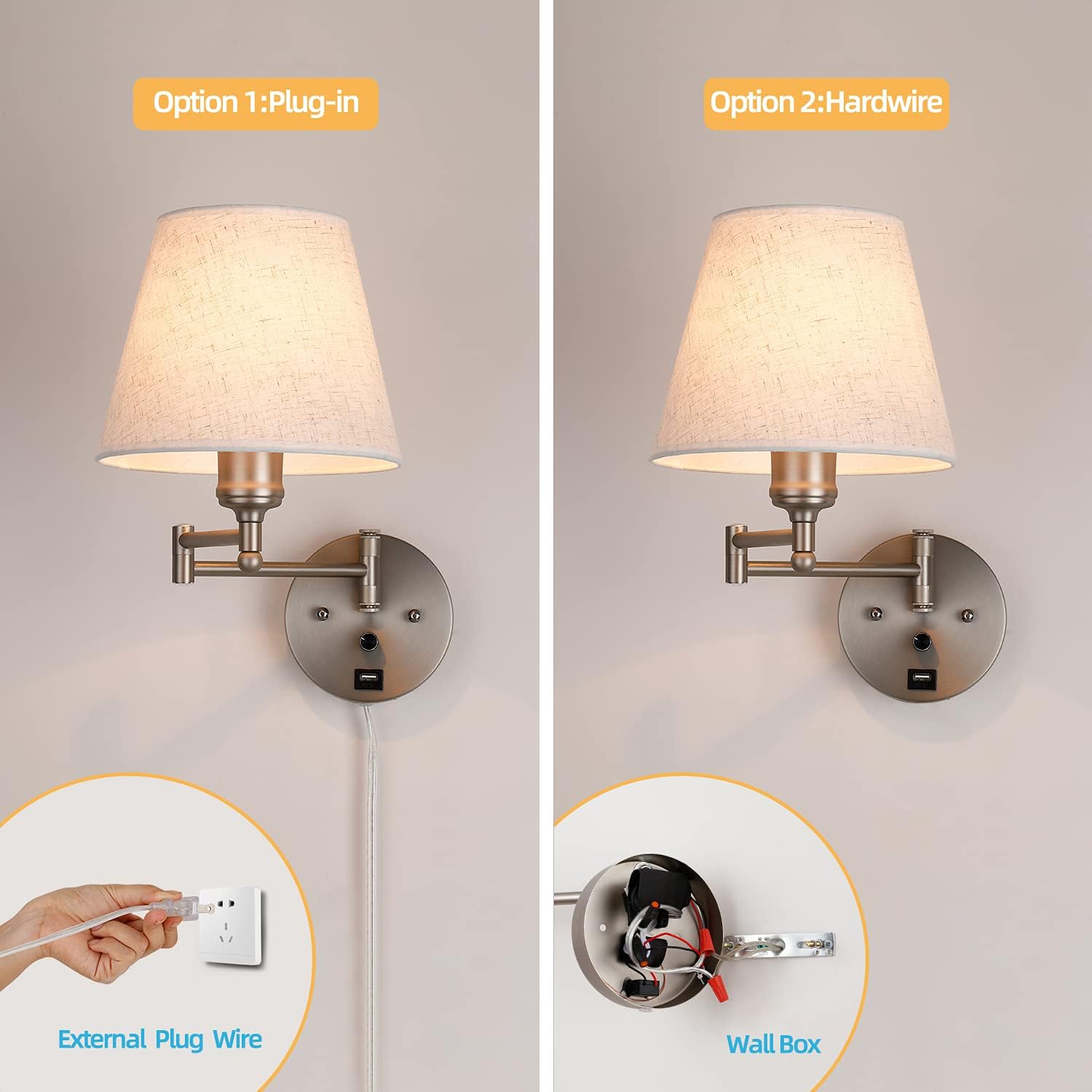 Swing Arm Wall Lamp Wall Mount Lamp with Cord Plug in Wall Sconce Lighting with Dimmable On Off Switch Wall Light with