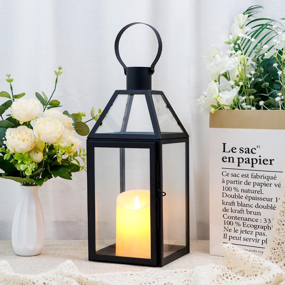 JHY DESIGN Black Decorative Lanterns 16“H Decorative Candle Lantern with Tempered Glass for Indoor Outdoor Events