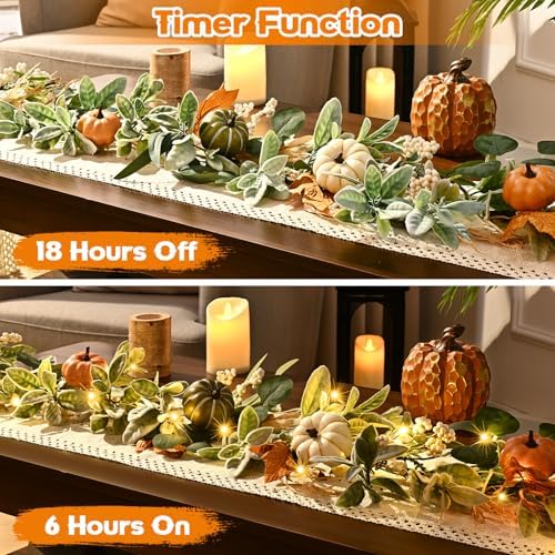 2 Pcs Fall Garland for Mantel, 6 FT Fall Garland with Lights