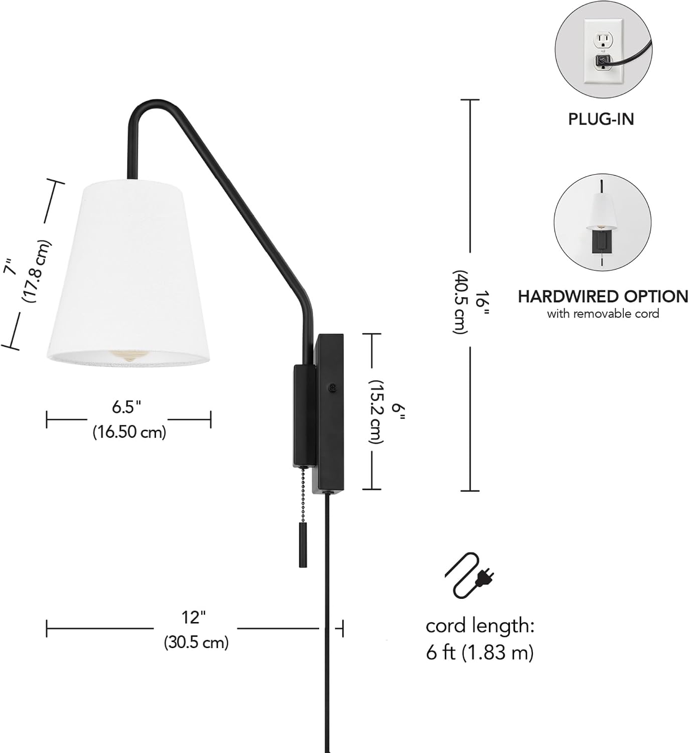 Globe Electric 1-Light Matte Black Swing Arm Plug-in or Hardwire Wall Sconce with White Fabric Shade