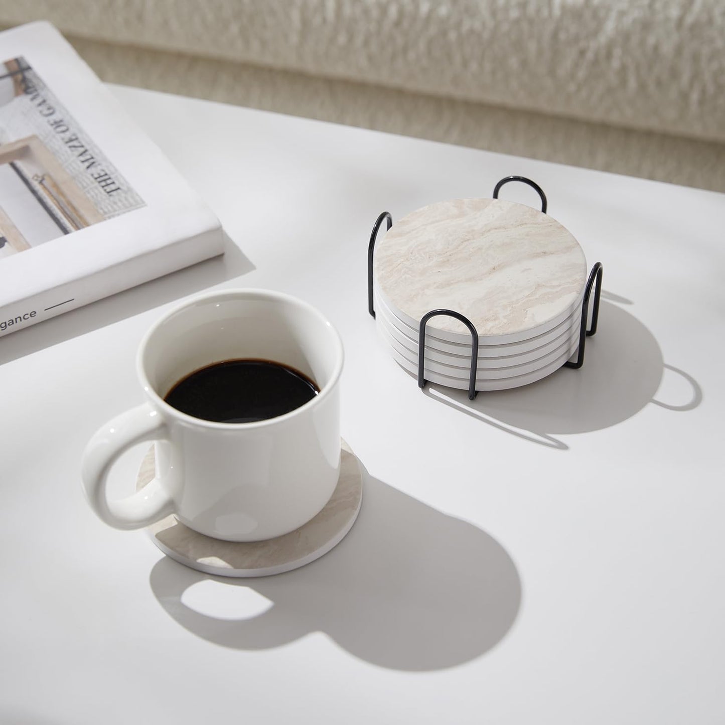 Holder / Absorbent Ceramic Coasters for Drinks / Light Beige / Set of 6