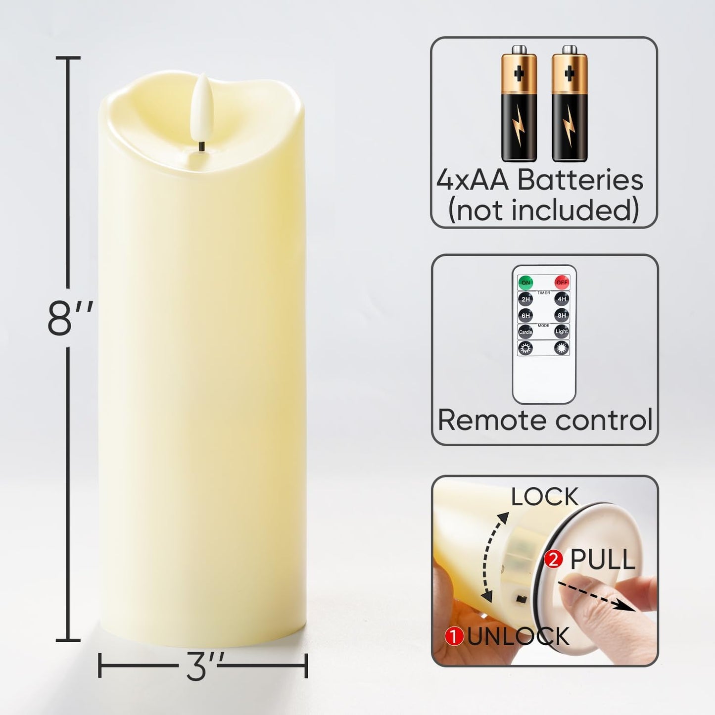 Homemory 3"x8" Outdoor Waterproof Flameless Candles, LED Candles, Battery Operated Candles with Remote and Timers