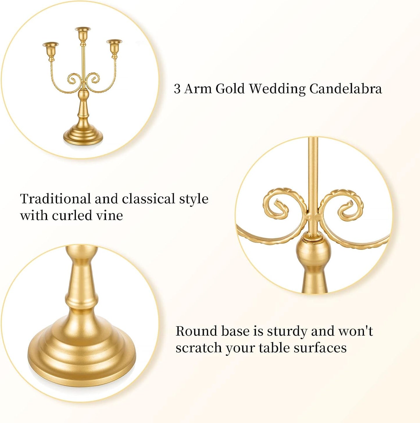 Romadedi Gold 3 Arm 11.8" Candelabra Candle Holders, Set of 2 | Wedding Candlestick Holder, Theme Party Table