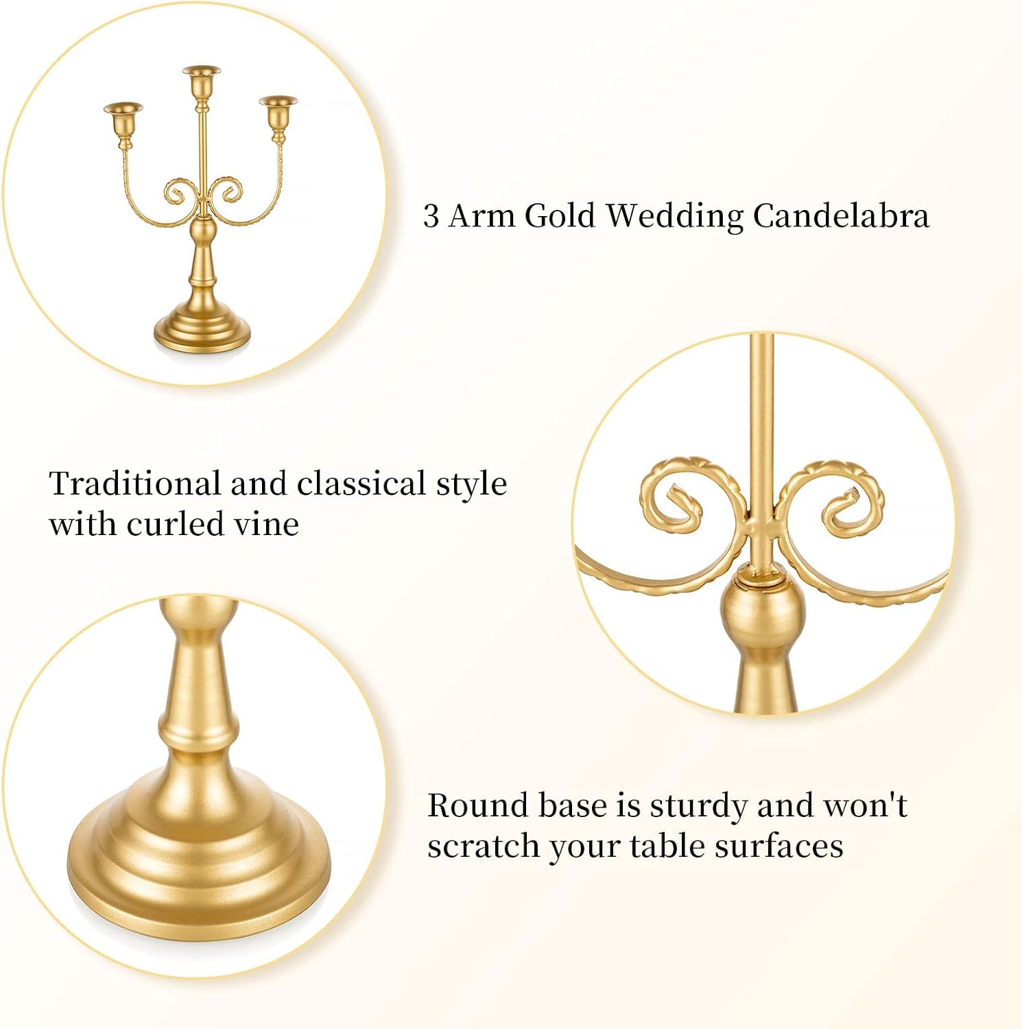 Romadedi Gold 3 Arm 11.8" Candelabra Candle Holders, Set of 2 | Wedding Candlestick Holder, Theme Party Table