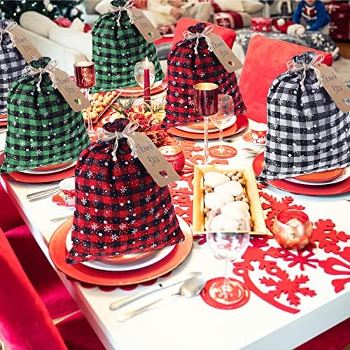 Shappy 24 Pcs Christmas Drawstring Gift Bags Xmas Buffalo Plaid Burlap Advent Bags 10 x 8 Inches Linen Treat Candy Bag with 32.8 ft Rope 24 Card(Mixed Colors with Snowflake)
