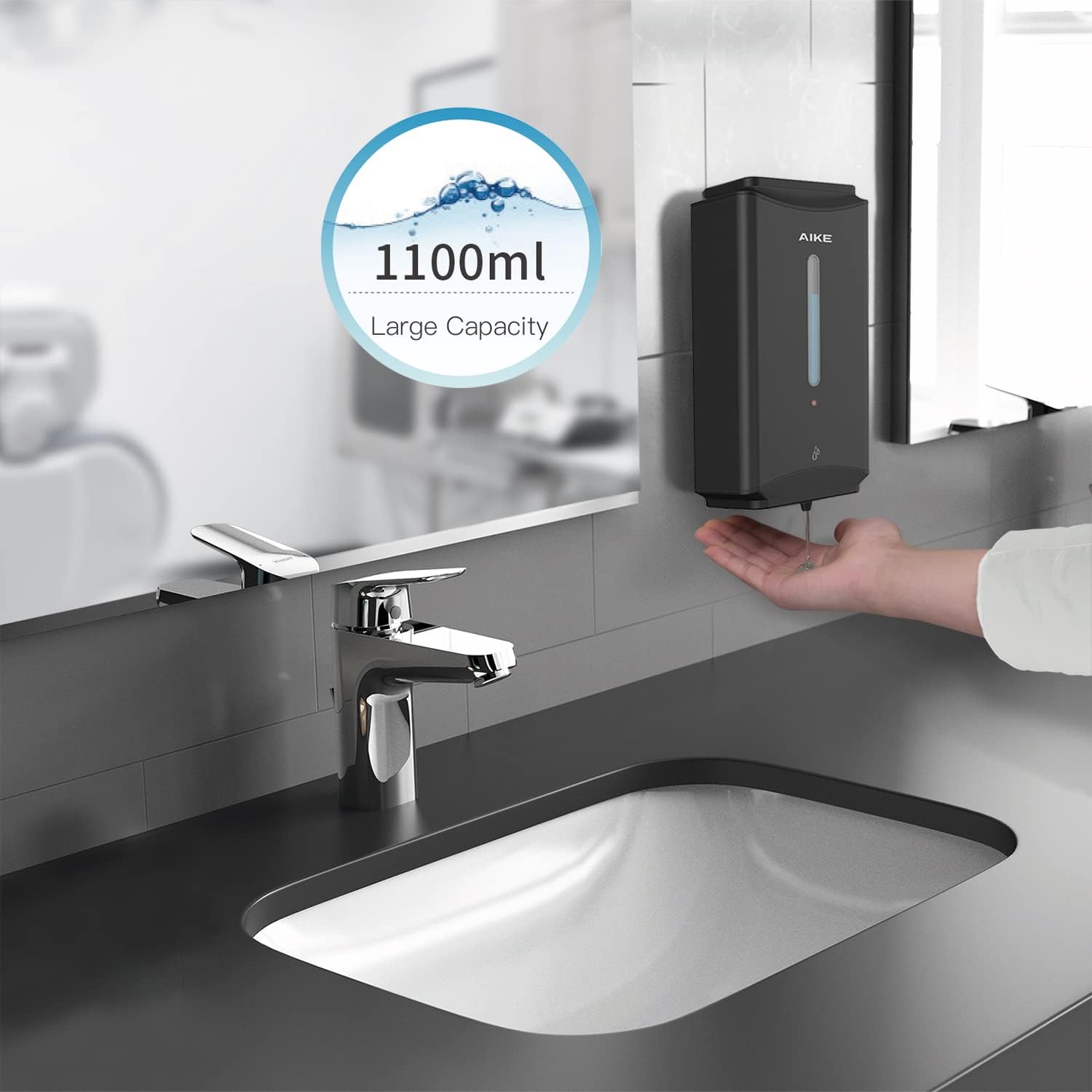 AIKE Heavy Duty Automatic Soap Dispenser,37oz for Bathroom,Matteblack Steel | 5-Level and Savety Key for