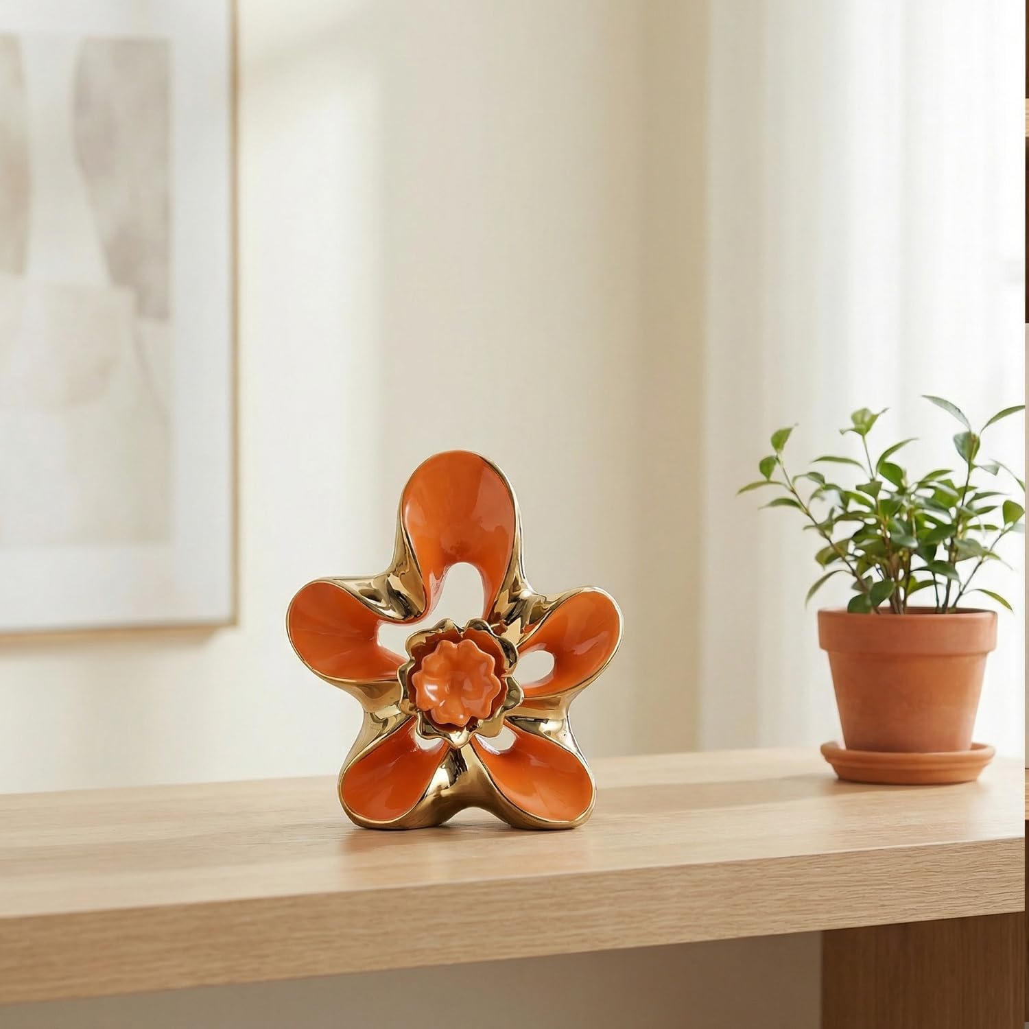 Ceramic Statue Home Decor Aesthetic Abstract Flower Sculpture Modern Decorative / Orange and Gold