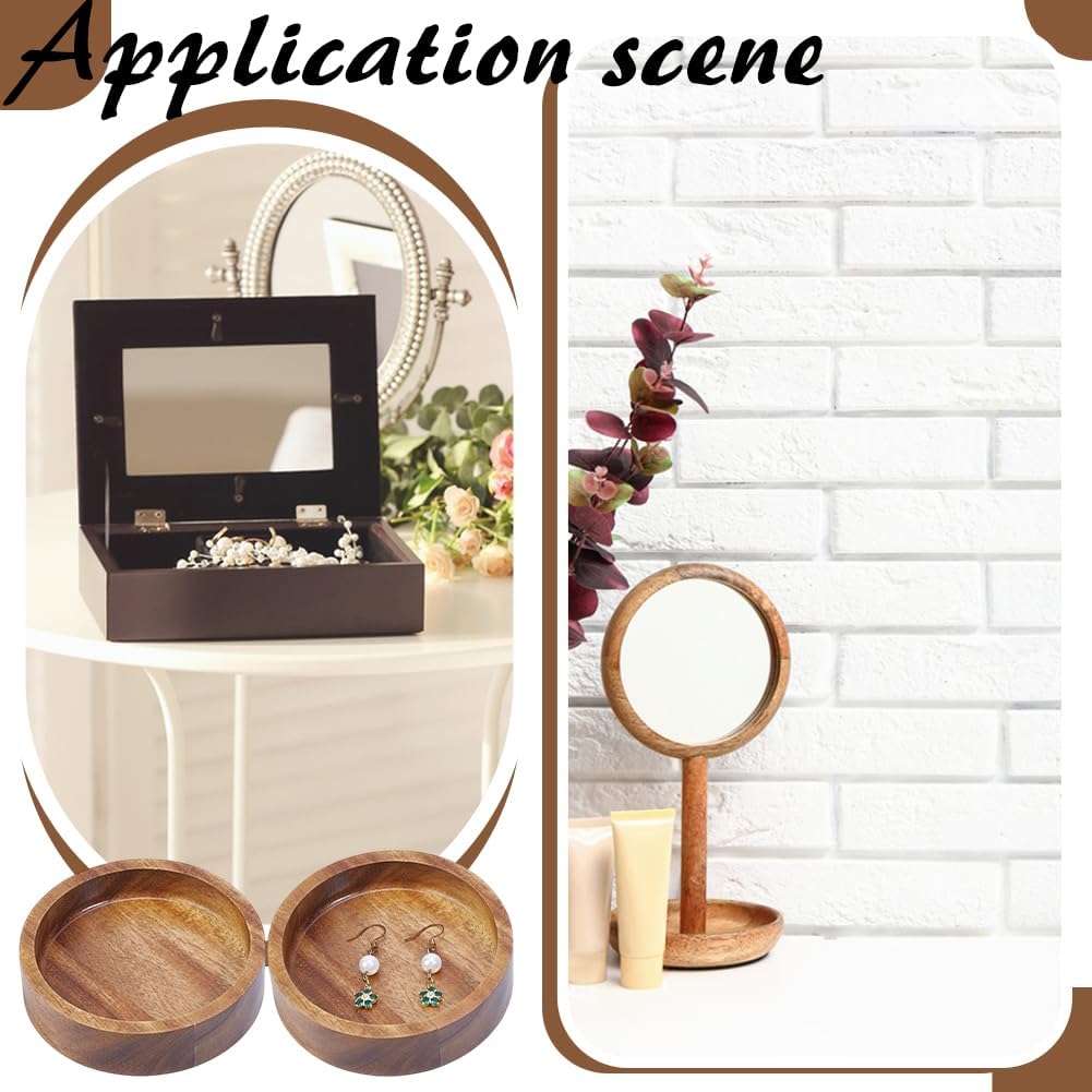Wood Ring Tray Acacia Wood Decorative Jewelry Tray Small Tiny Bathroom / Round / 3.9 Inch / Set of 6