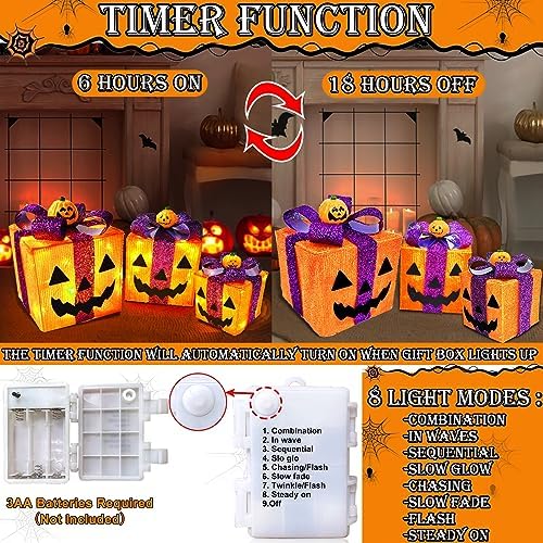 [ 8 Modes & Timer ] 3 Pack Lighted Halloween Pumpkin Decorations Gift Box