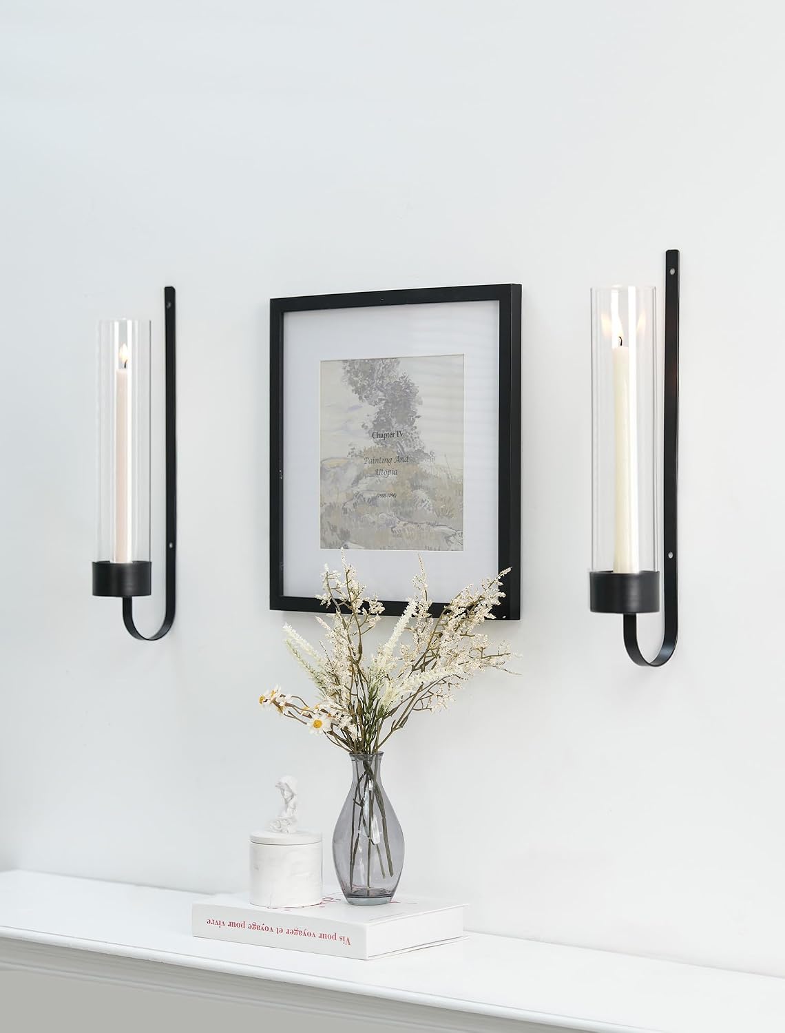 Sziqiqi Black Wall Candle Holders: Metal Candle Sconces for Taper Set of 2 | Set of 2, with Hurricane Glass, Modern