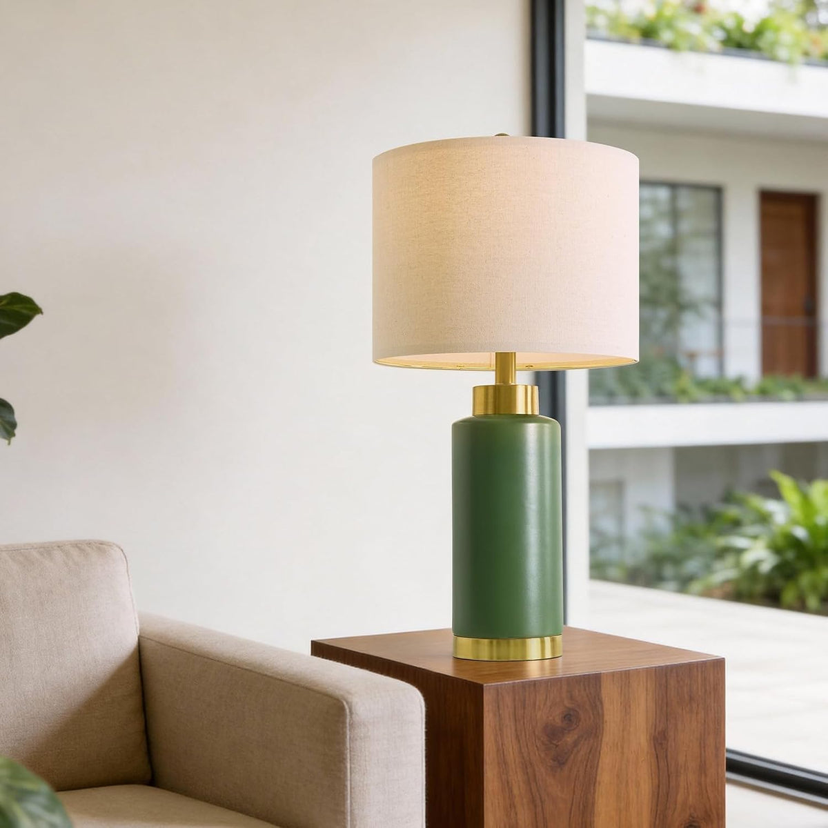 USumkky 25" Green Ceramic Table Lamp Set of 2, Modern Mid-Century Bedside Nightstand Lamps for Bedroom Living Room