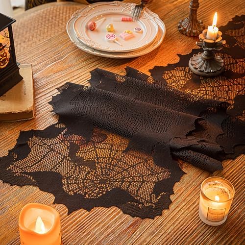Halloween Table Runner - Black Lace with Spider Web & Bat Design, Elegant Lace Runner for Halloween Parties, Weddings & Spooky Home Decor (Bat)